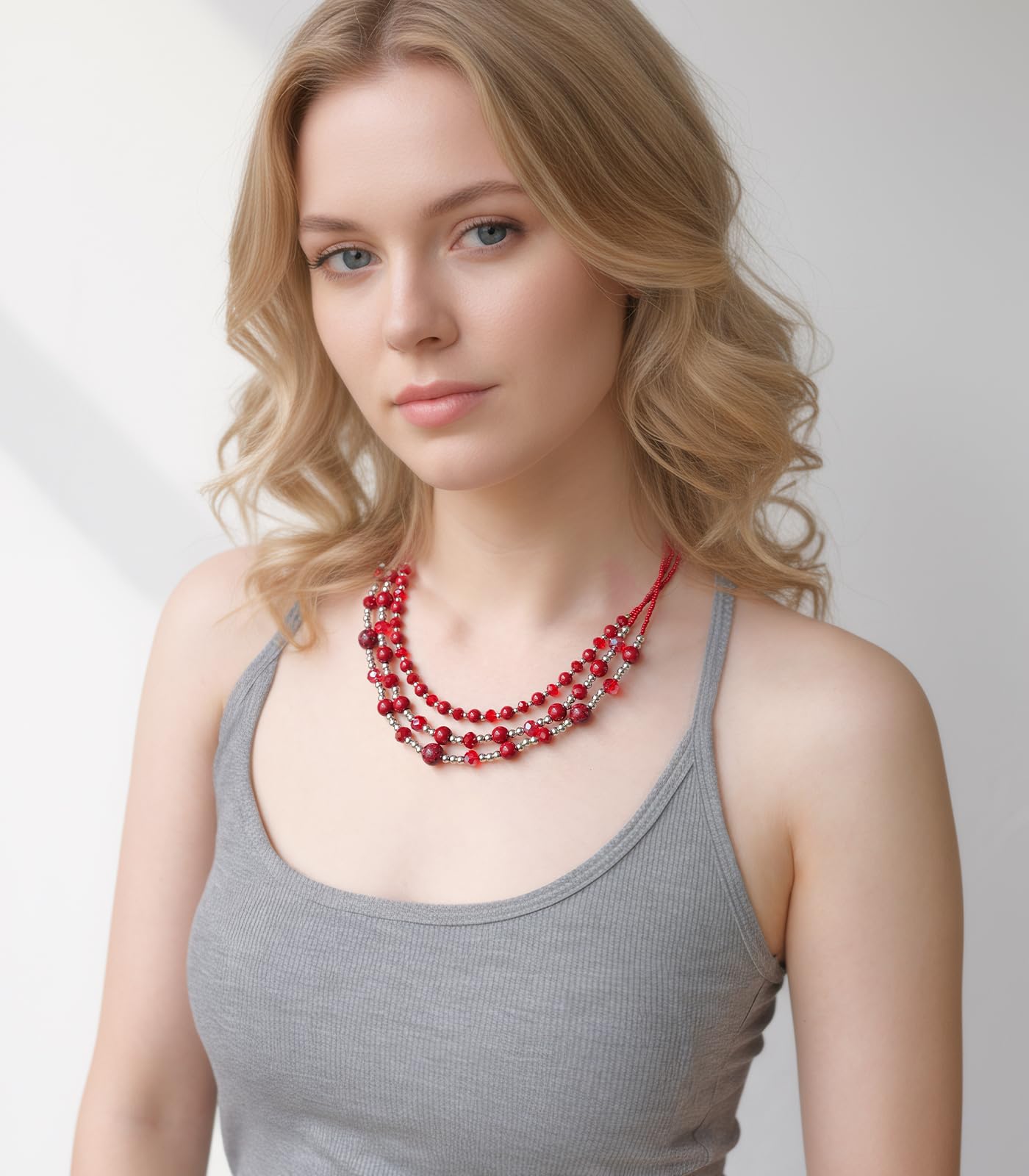 Noessla Beaded Statement Necklaces for Women Layered Chunky Bead Necklace Fashion Costume Jewelry Gifts for Mom(Red)