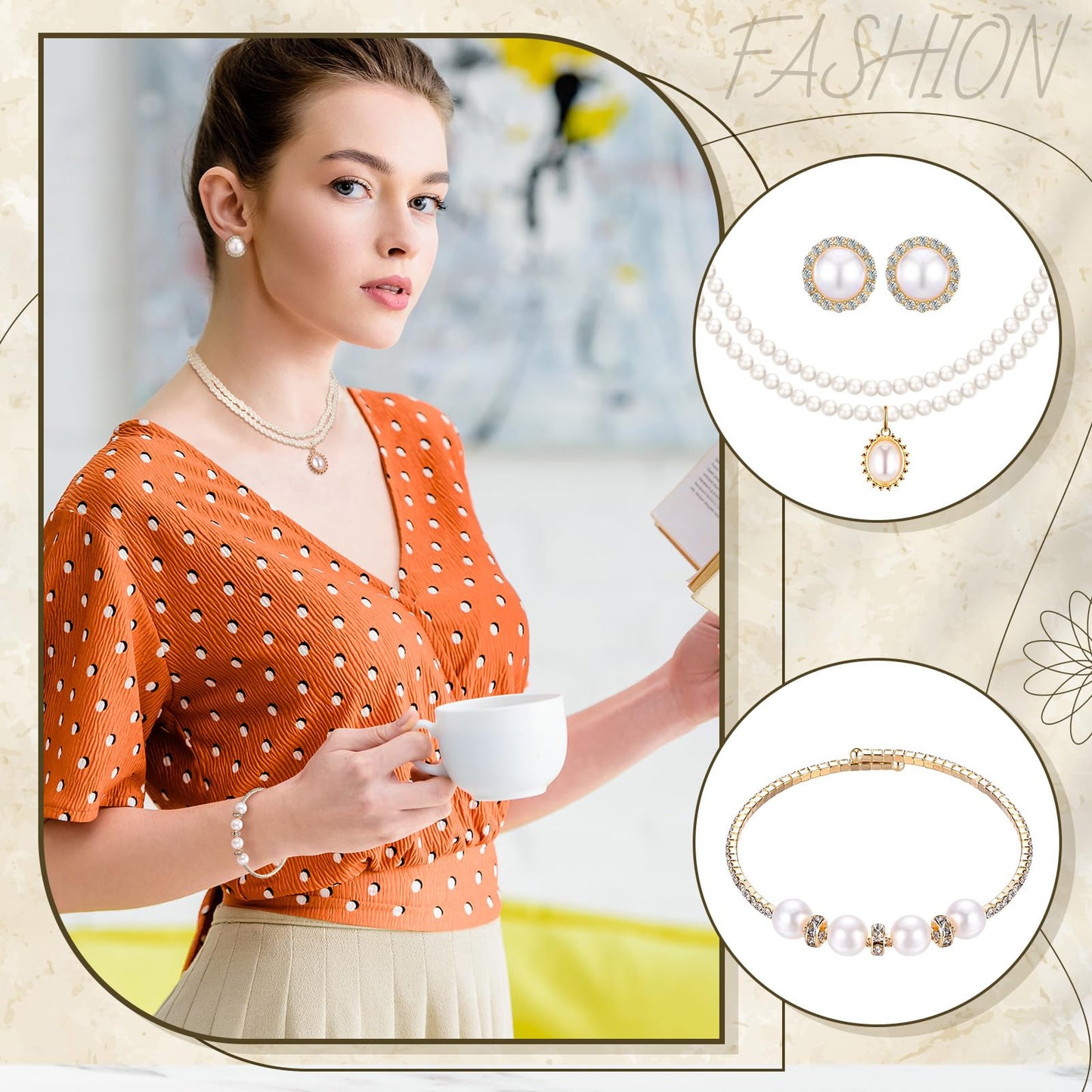 Glenmal Pearl Rhinestone Jewelry Set for Women Pearl Necklace Bracelet Earrings for Wedding Birthday Bridal Shower Tea Party(Delicate Style)
