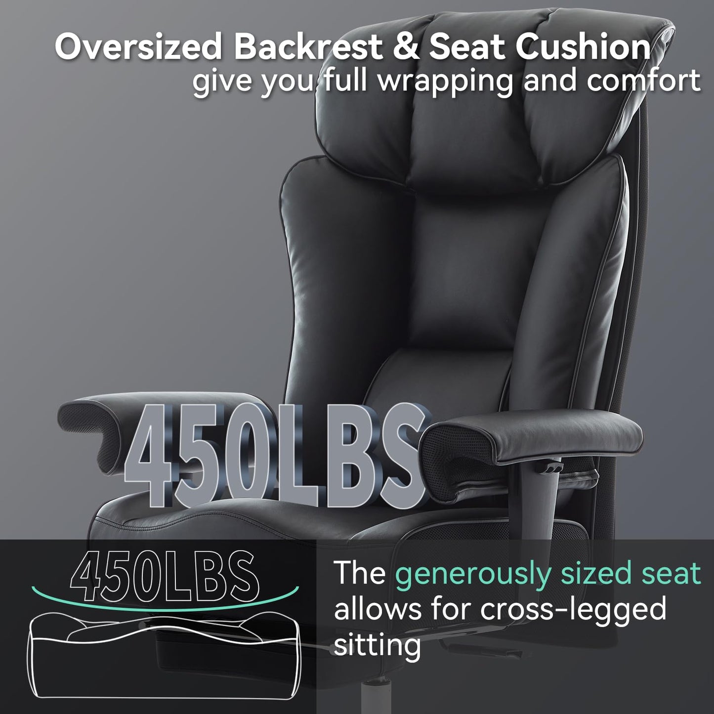 Efomao Big and Tall Office Chair with Footrest, 450lbs High Back Executive Chair with Spring Cushion, PU Leather Upholstery, Padded Armrests, Swivel Base, and Rolling Wheels – Black Computer Chair
