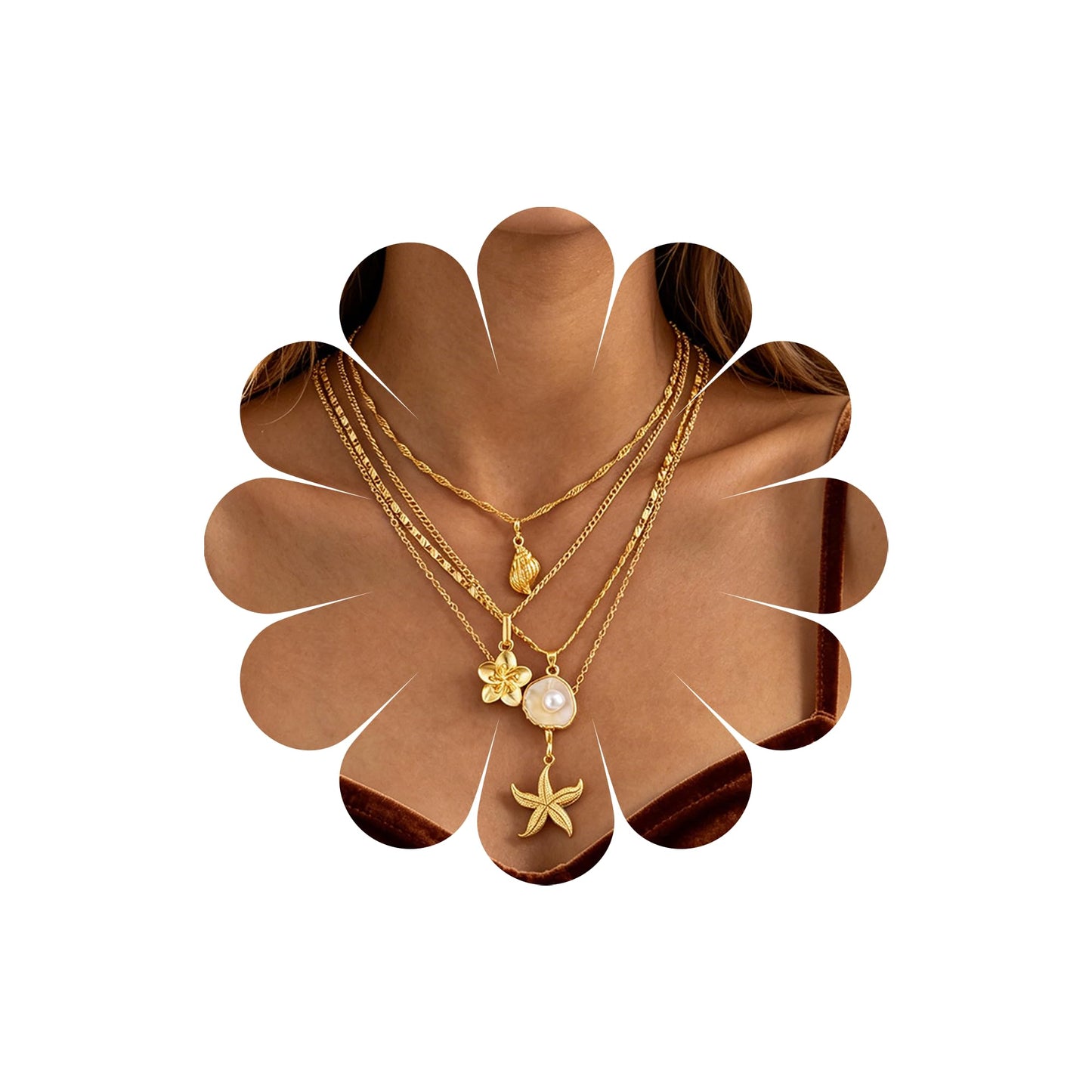 Gold Shell Starfish Necklace for Women Layered Pearl Conch Pendant Necklace Dainty Summer Beach Vacation Boho Jewelry (Gold 4pcs)