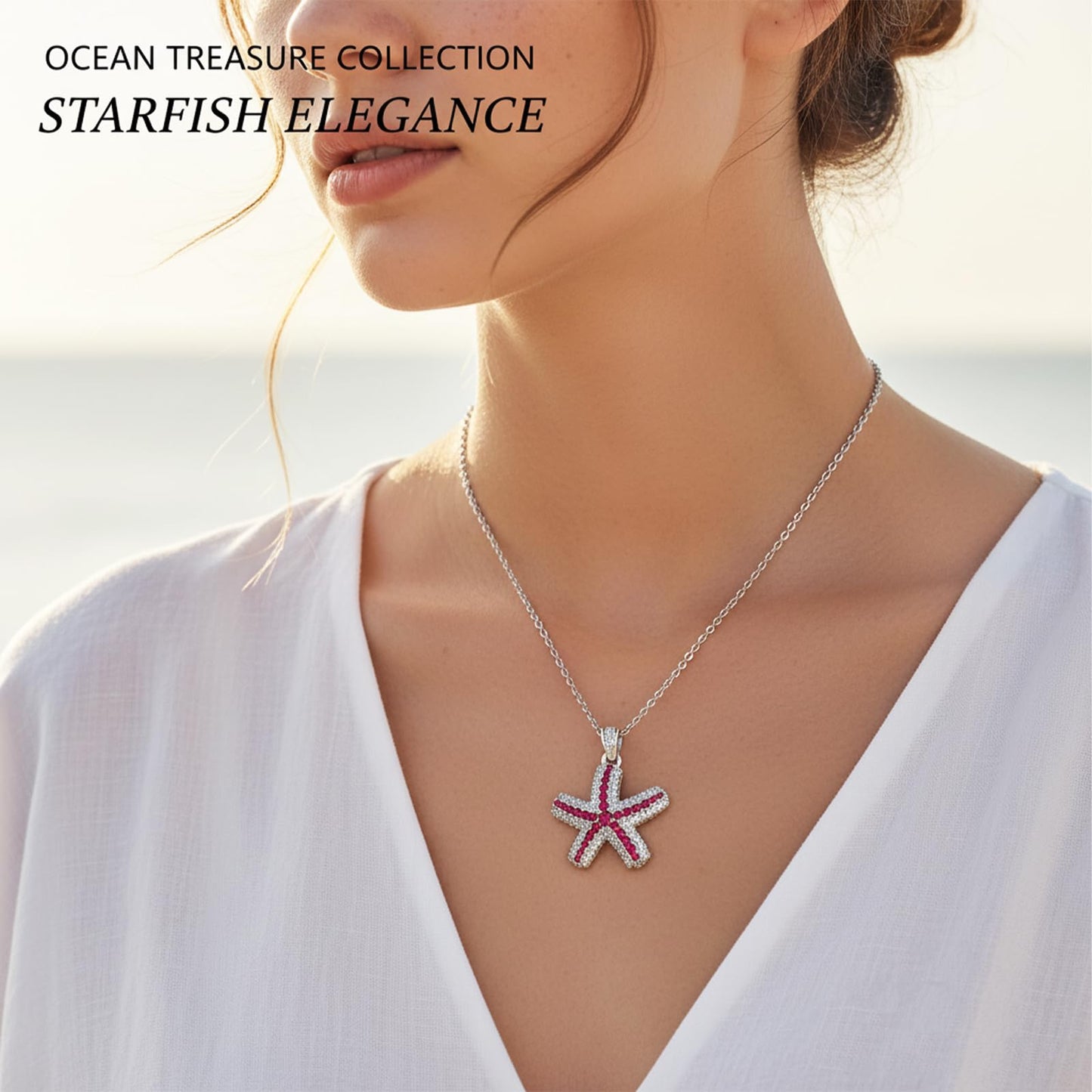 crataly Ruby And CZ Starfish Necklace For Women-Silver Plated July Birthstone Necklace For Valentine's Day Mother's Day Christams Birthday Gifts