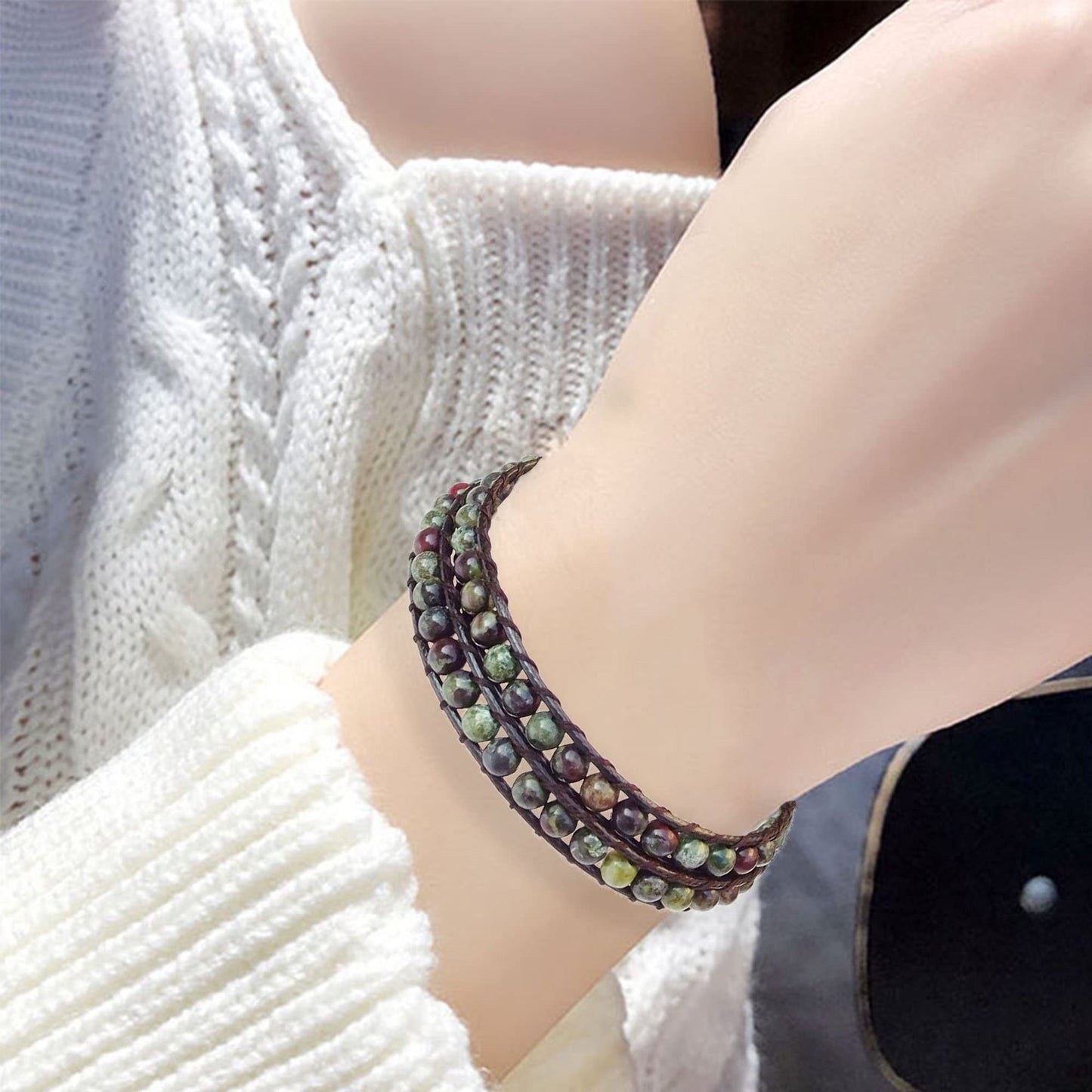 Ayriwoyi Leather Wrap Bracelet for Women Beaded Wrap Bracelets for Women Natural Stone Bracelet Womens Boho Adjustable Handmade Bracelet