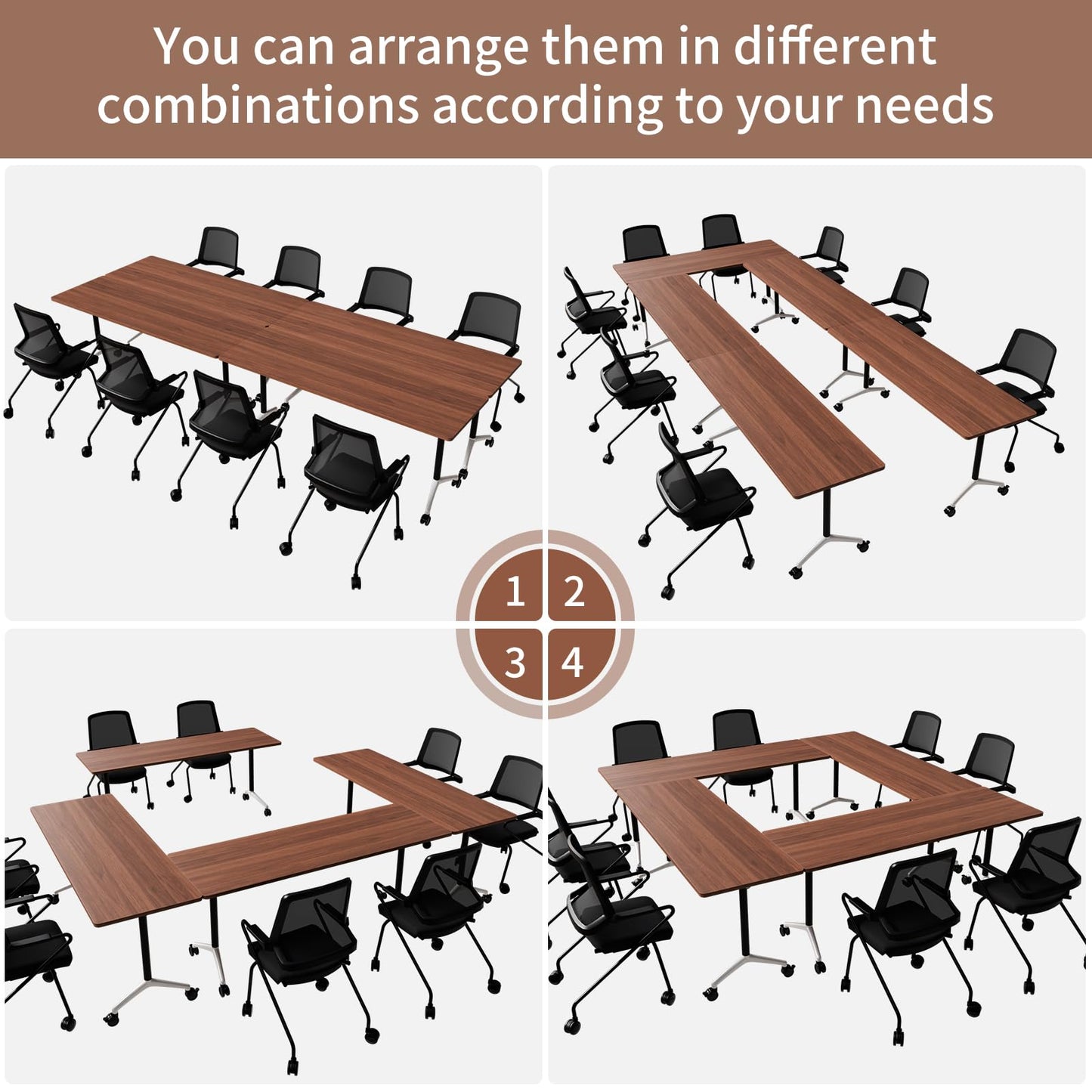 Conference Room Table, Folding Conference Table with Silent Wheels, Modular Flip Top Mobile Training Tables for Office, Training Room, Meeting Rooms, School, 2-16 Person (6, Walnut, 55.1in)