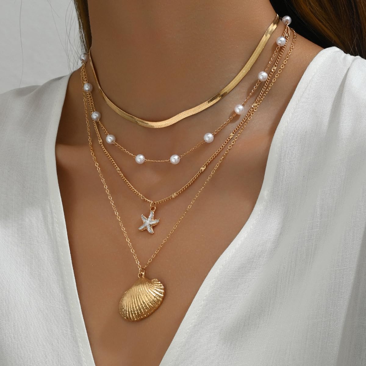 ONBRIG Seashell Necklace Beach Jewelry for Women Starfish Cowrie Puka Shell Necklaces Summer Beach Accessories for Women Vacation Mermaid Ocean Jewelry (style 3)