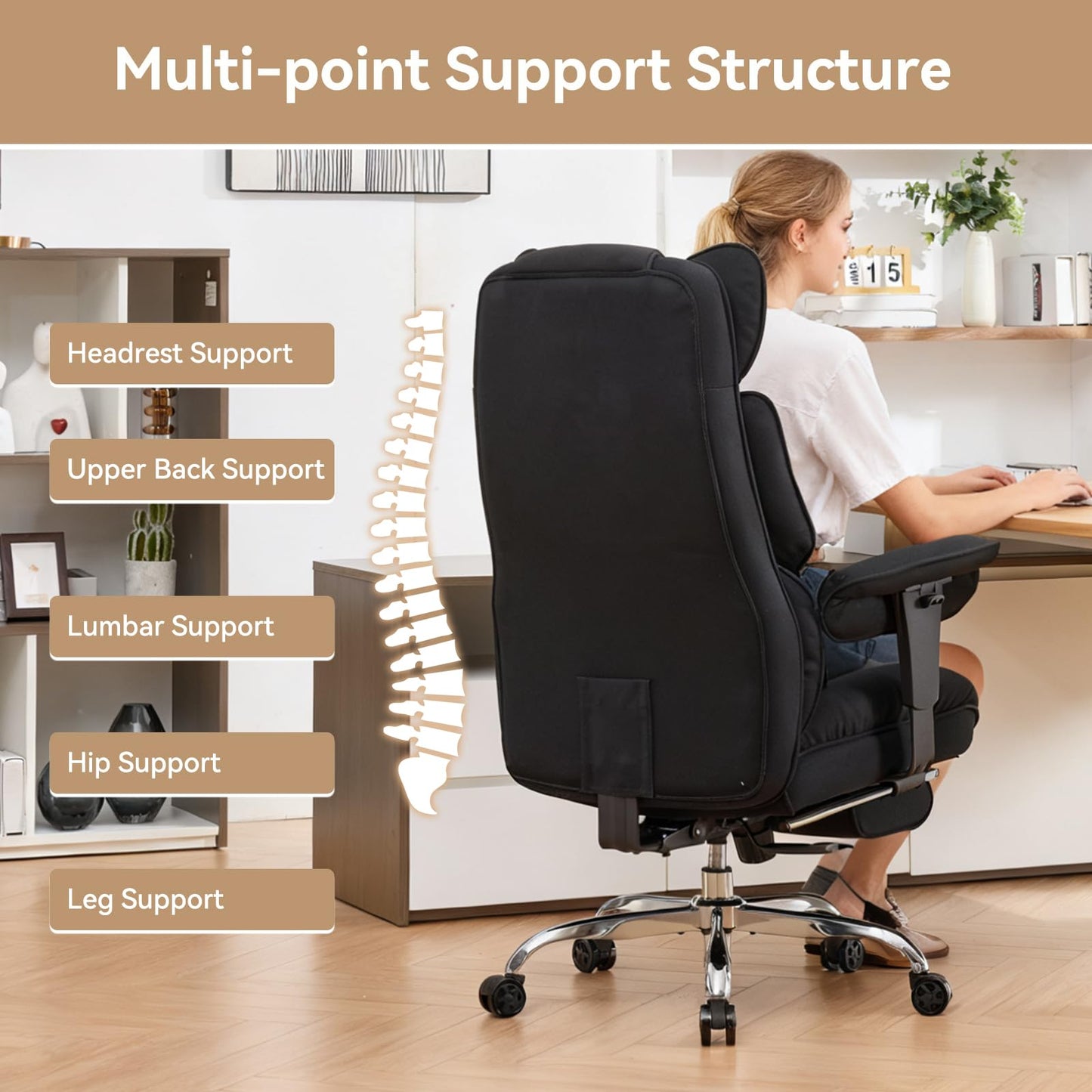Efomao Big and Tall Office Chair with Footrest - Breathable Mesh Executive Chair, Heavy Duty Computer Desk Chair for Home Office, Ergonomic Lumbar Support & Reclining Mesh Gaming Chair, Black