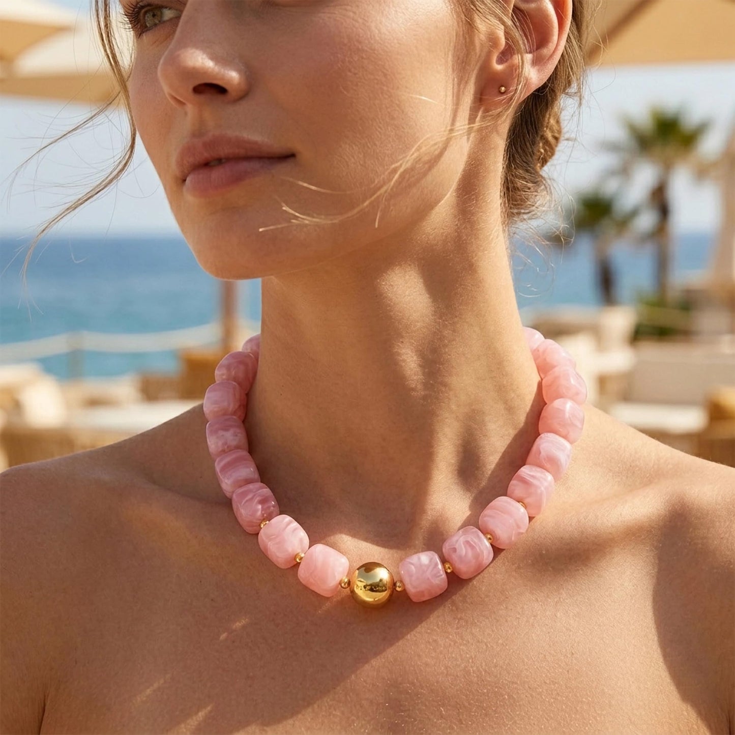 WOWORAMA Pink Chunky Beaded Necklaces for Women Cute Pink Square Acrylic Beads Necklace Trendy Statement Chunky Choker Necklaces Boho Summer Jewelry