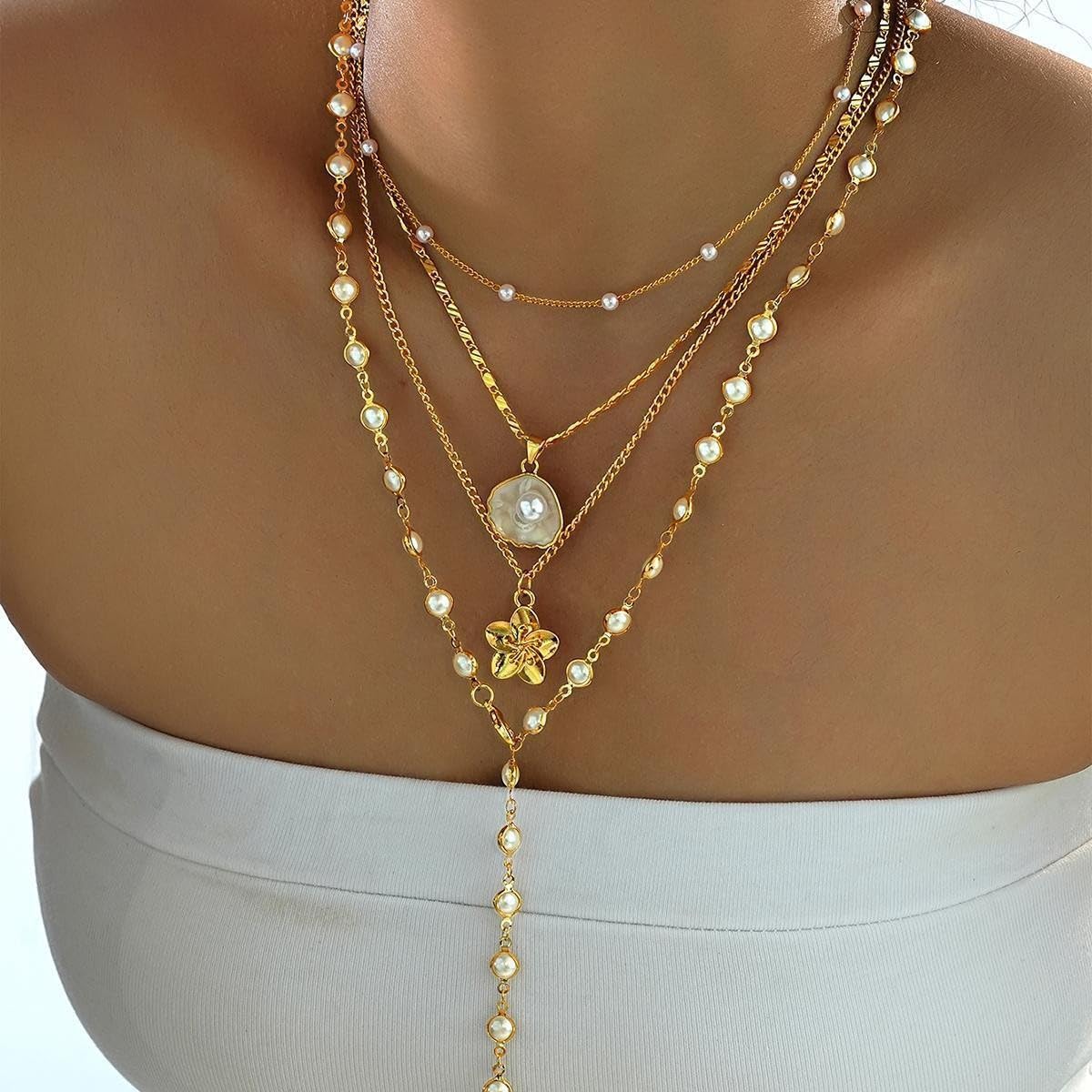 GLRITY Gold Layered Necklaces for Women Stacked Flower Pearl Necklaces Statement Long Y Pendant Necklace Dainty Coastal Summer Beach Vacation Jewelry Gifts