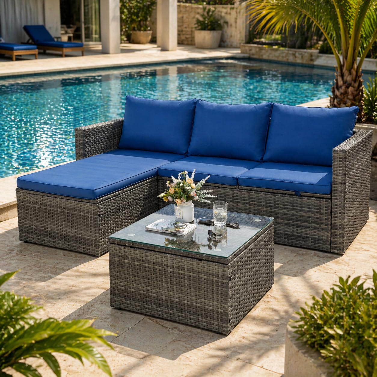 SUNLEI Small Outdoor Sofa Patio Furniture Set with Detachable Cushions, 3 PCS Patio Sectional Sofa with Coffee Table & 5 Position Adjustable,PE Rattan Patio Conversation Set, Silver Rattan/Royal Blue