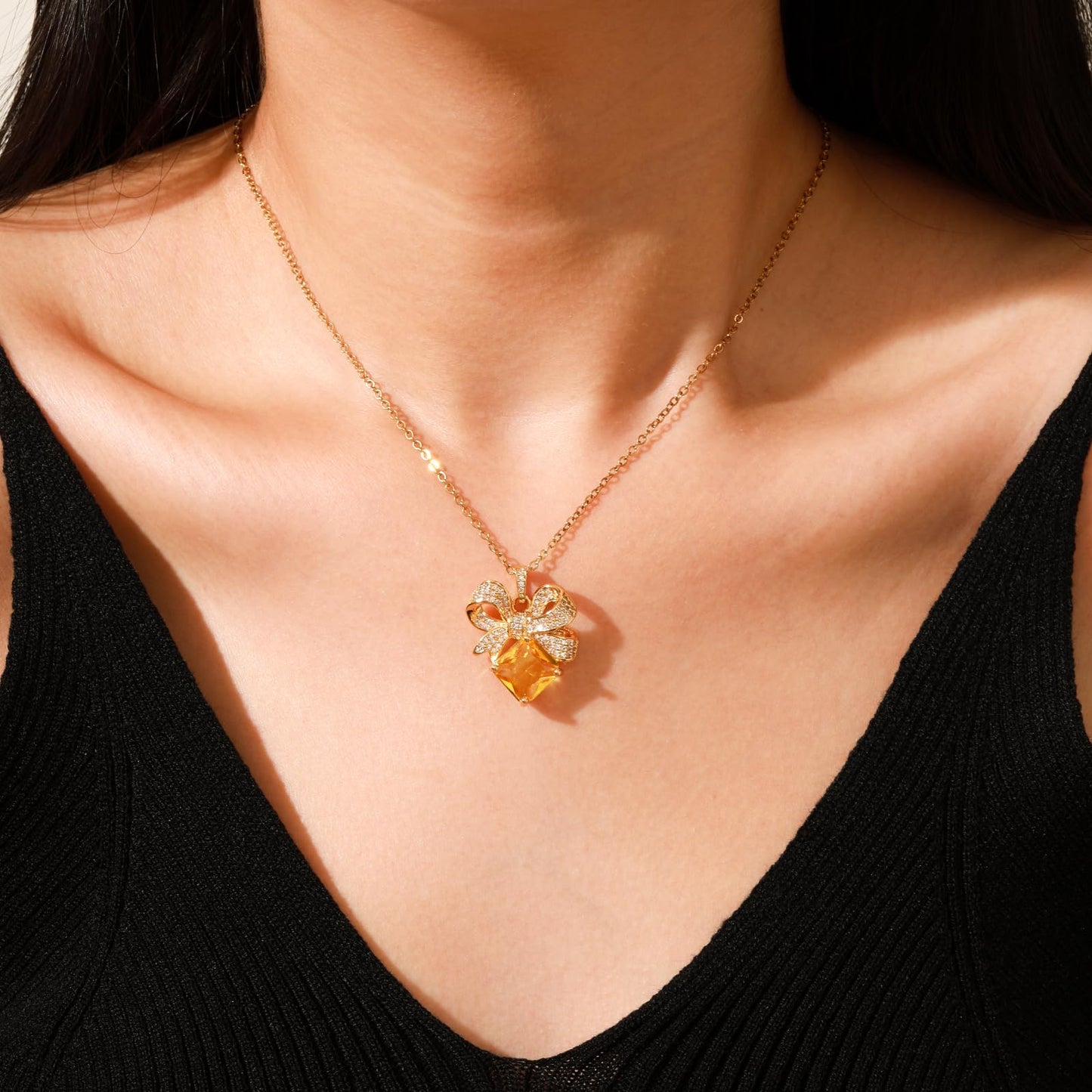 Yellow Square Citrine Bow Necklace for Women-Gold Plated November Birthstone Healing Crystal Vintage Necklace For Valentines Day Mother's Day Christmas Birthday Gifts
