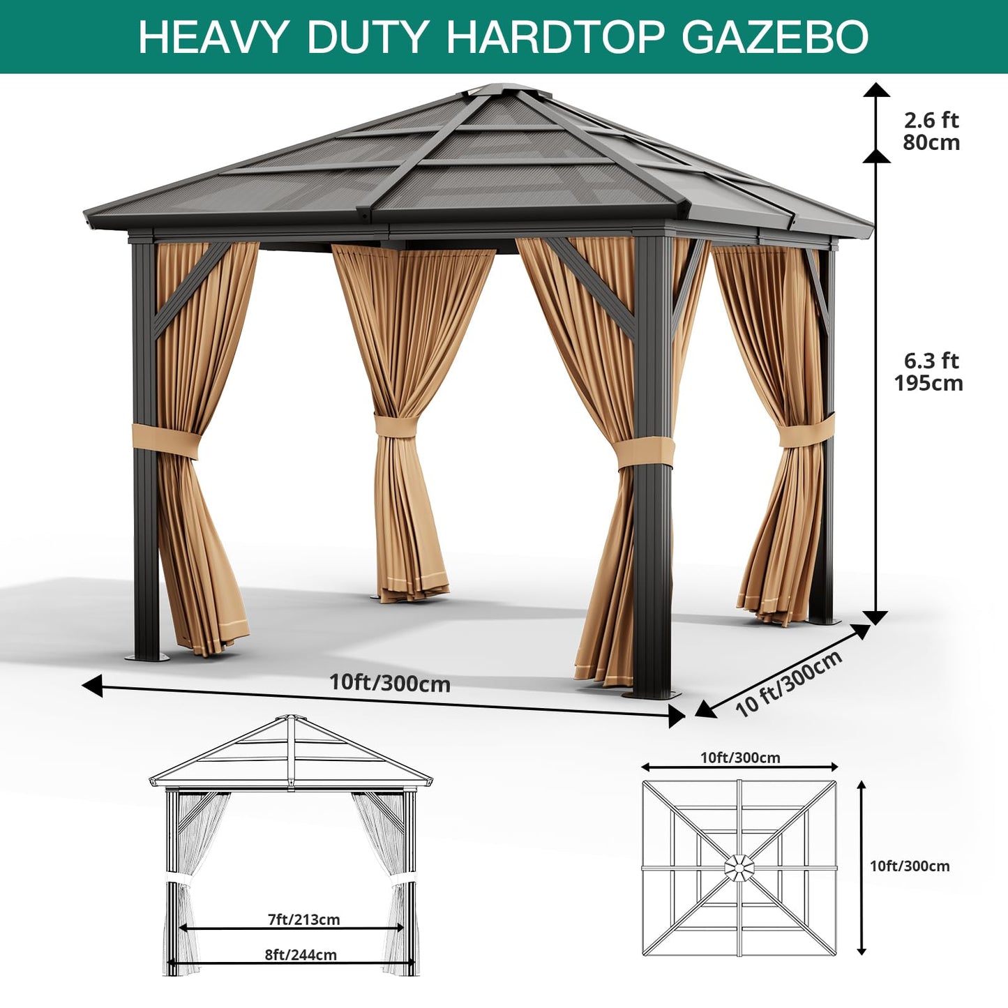 GAOMON 10x12ft Gazebo, Hardtop Outdoor Canopy Aluminum Frame Permanent Gazebo with Netting and Curtains, Polycarbonate Garden Tent for Patio, Lawn, Backyard, Deck (10'x12')