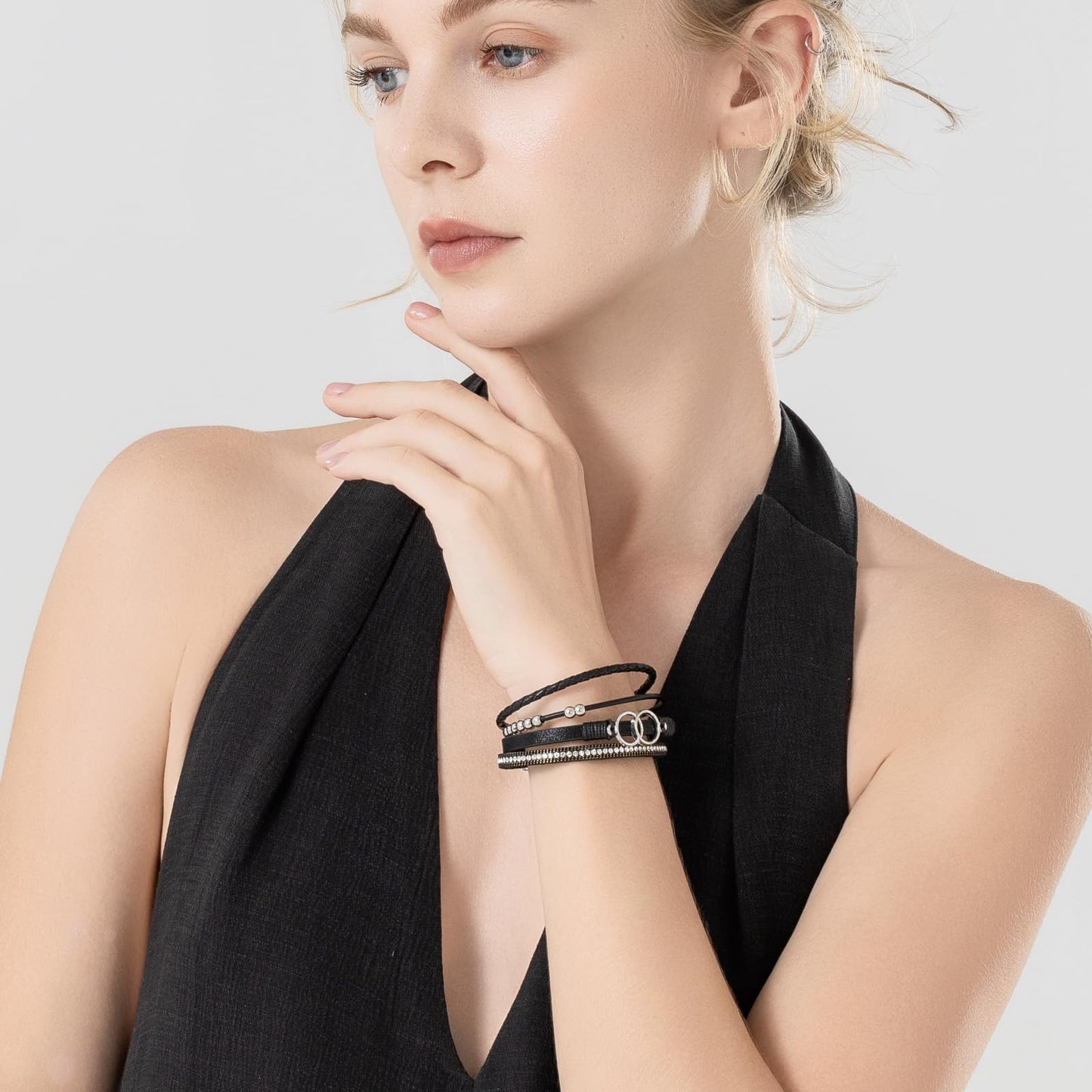 FANCY SHINY Boho Leather Wrap Bracelet Stackable Beaded Infinity Chunky Cuff Bracelets with Magnetic Clasp Western Hippie Outfits Jewelry Gifts for Women(Black)