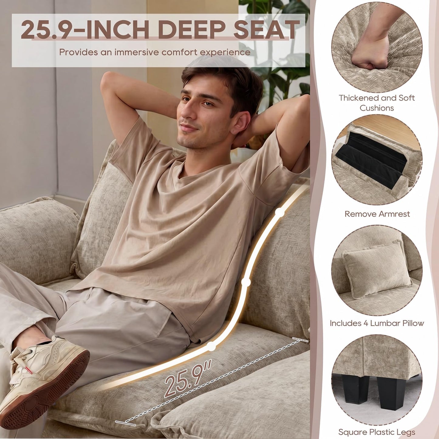 IPKIG 154" Modular Sectional Sofa, Chenille C-Shaped Sectional Couch Comfy Upholstered Seat Sofa with Ottoman, Deep Seat Cloud Couch Sofa for Living Room, Khaki
