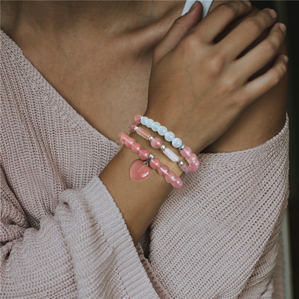 Vinswet Healing Crystal Beaded Bracelets for Women,Natural Watermelon crystal Moonstone Gemstones Bracelet,Anxiety Stress Relief Heart Charm Bracelet Handmade Red Jewelry Gifts for Women (3pcs)