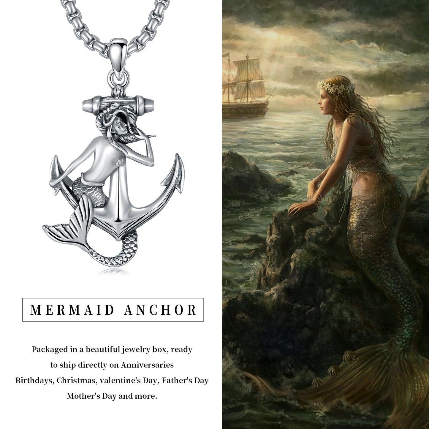KoyeKei Mermaid Necklace for Women 925 Sterling Silver Anchor Mermaid Necklaces Nautical Beach Themed Pendant Ocean Jewelry Graduation Birthday Gifts for Best Friends Her Lover