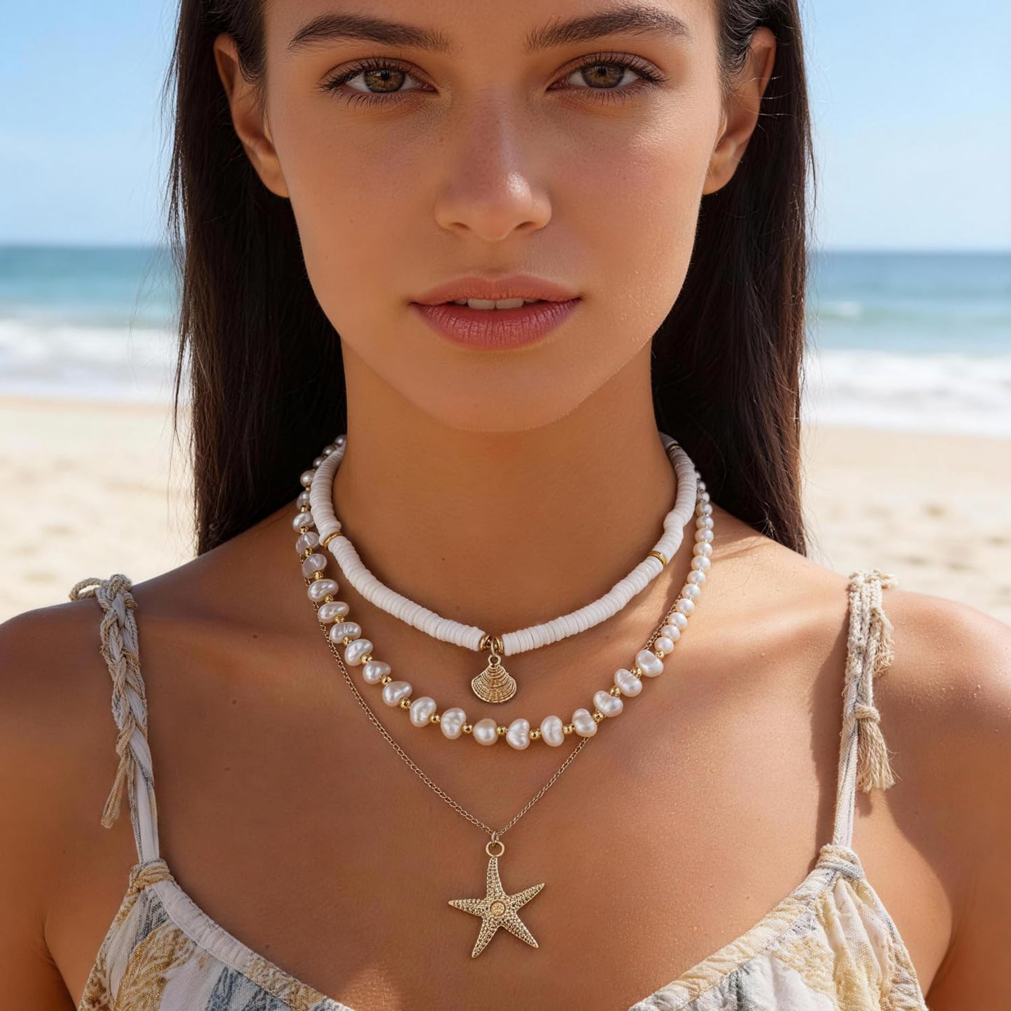 VOJO Starfish Seashell Necklace for Women, 3 Layers Stacked Summer Beach Necklaces, Colorful Polymer Clay Pearl Jewelry, 18K Gold Plated Tropical Hawaii Vacation Accessories, Tarnish Resistant Gifts (polymer clay seashells + starfish)