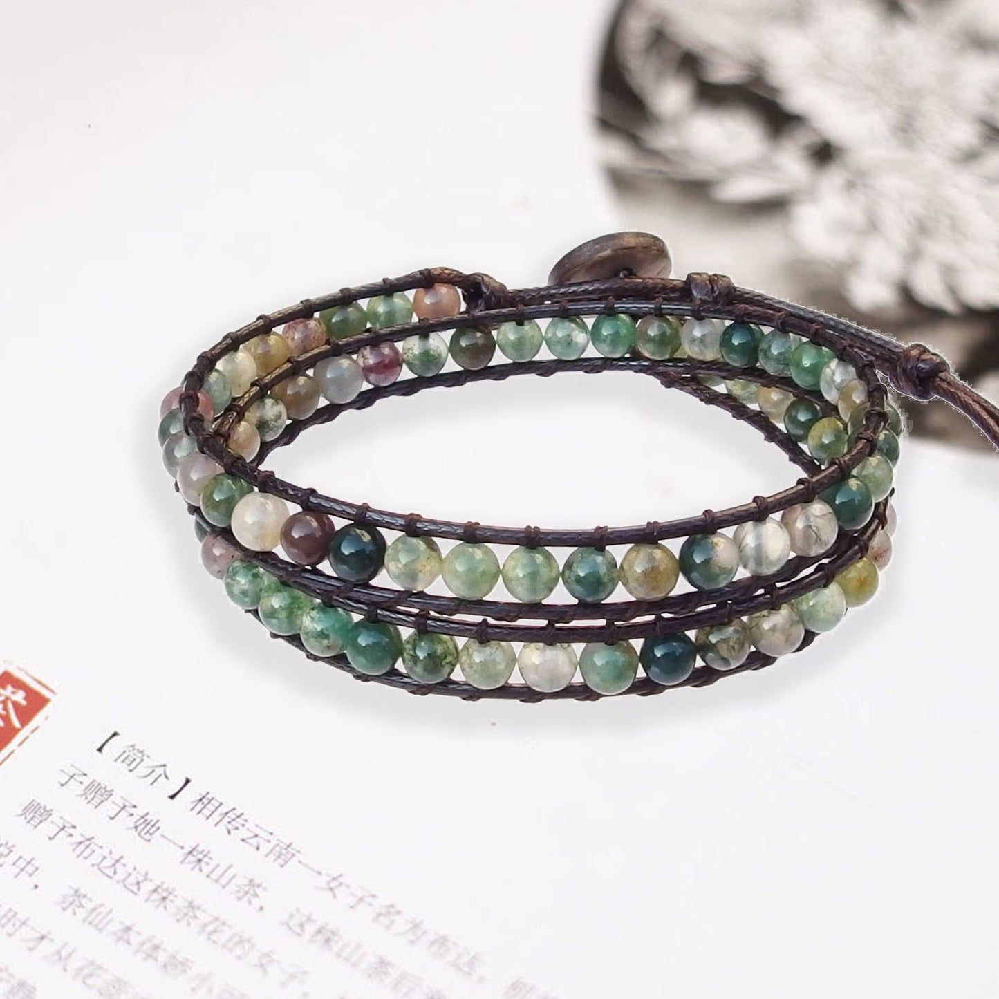 Ayriwoyi Moss Agate Wrap Bracelet for Women Indian Bracelets Leather Wrap Bracelets for Women Women’s Wrap Bracelet Handmade Jewelry Gifts for Women