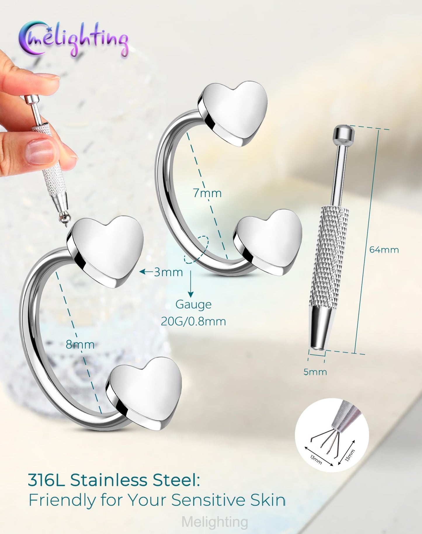 Melighting 20G Horseshoe Nose Rings Hoop, Threadless Nose Piercing with Piercing Taper Ball Grabber Tool 316L Stainless Steel, Heart Septum Lip Helix Rook Piercing Jewelry for Women 7 mm