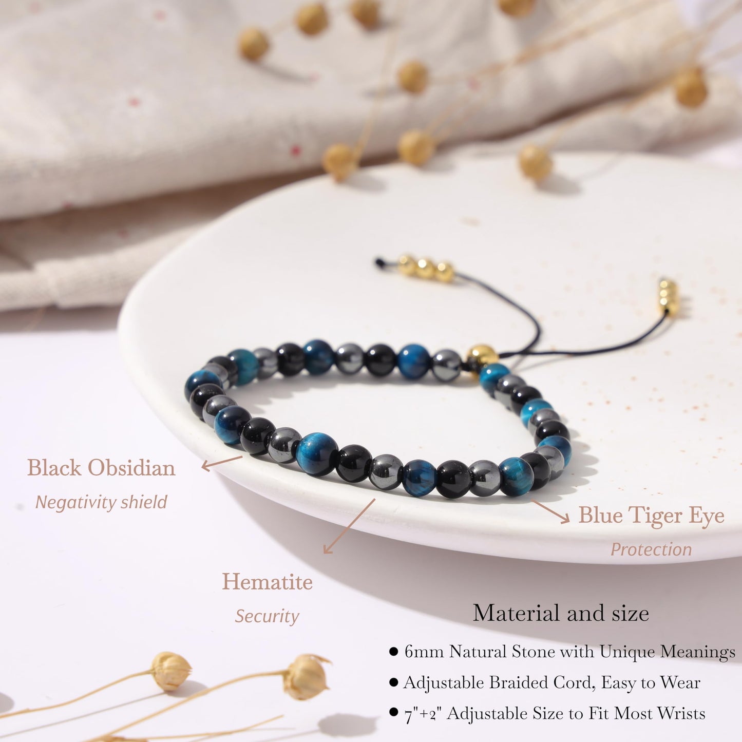 NUKAYAI Triple Protection Bracelet for Women Gifts Crystals Gemstone Blue Tiger Eye Black Obsidian Hematite Bracelet Jewelry Natural Stones