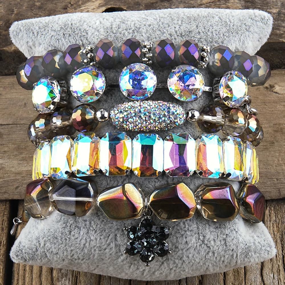 Yomisa Boho Bracelets for Women,Multilayer Wrap 5PCS Bling Colorful Beaded Bracelets Handmade Shiny Stackable Friendship Stretchy Beads Bracelets Set Punk Trendy Bohemian Jewelry Gift
