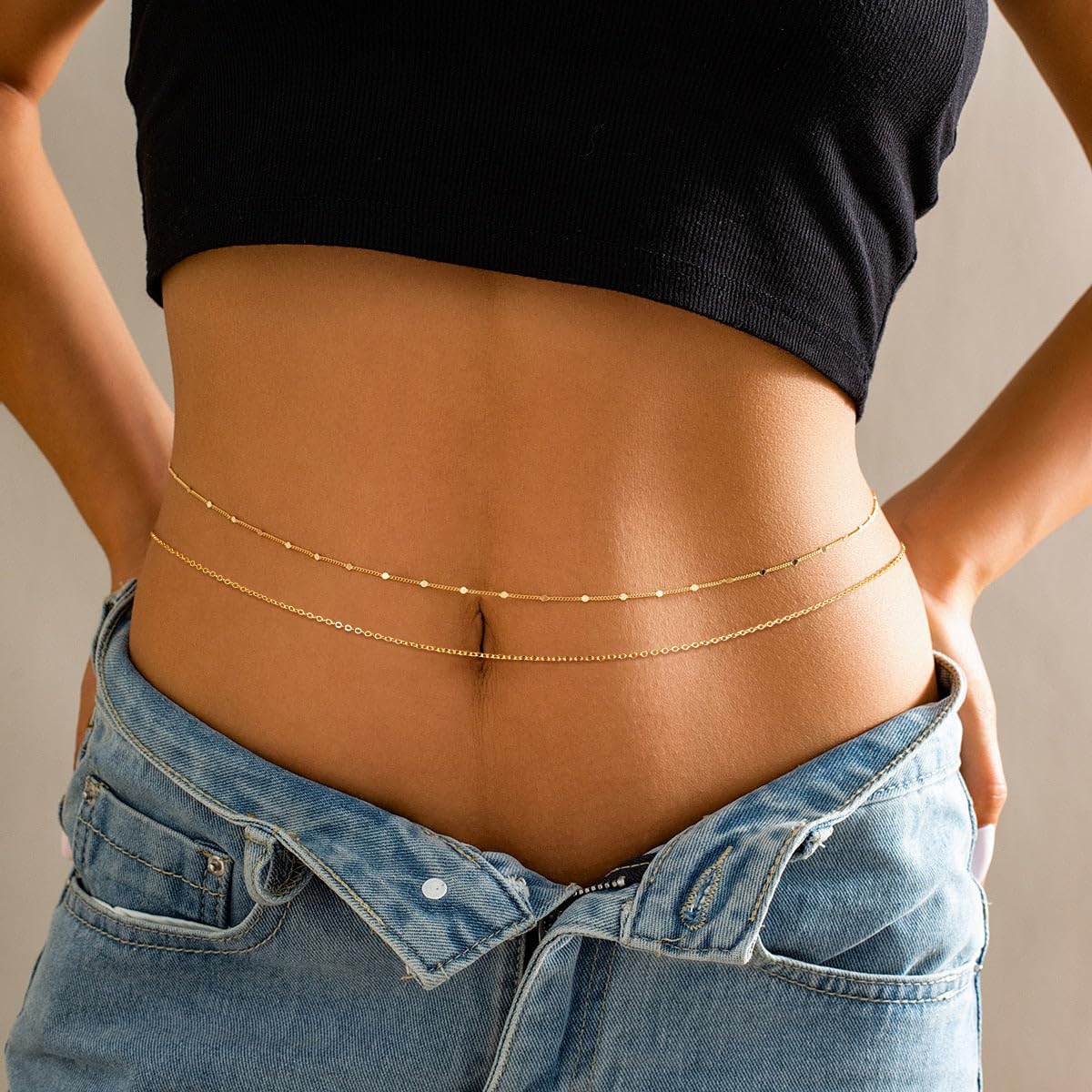 CHESKY 14K Gold Plated Waist Chain for Women, Dainty Layered Belly Belt Chains Beach Waist Chain Waterproof Thin Body Chain Summer Jewelry Accessories for Women