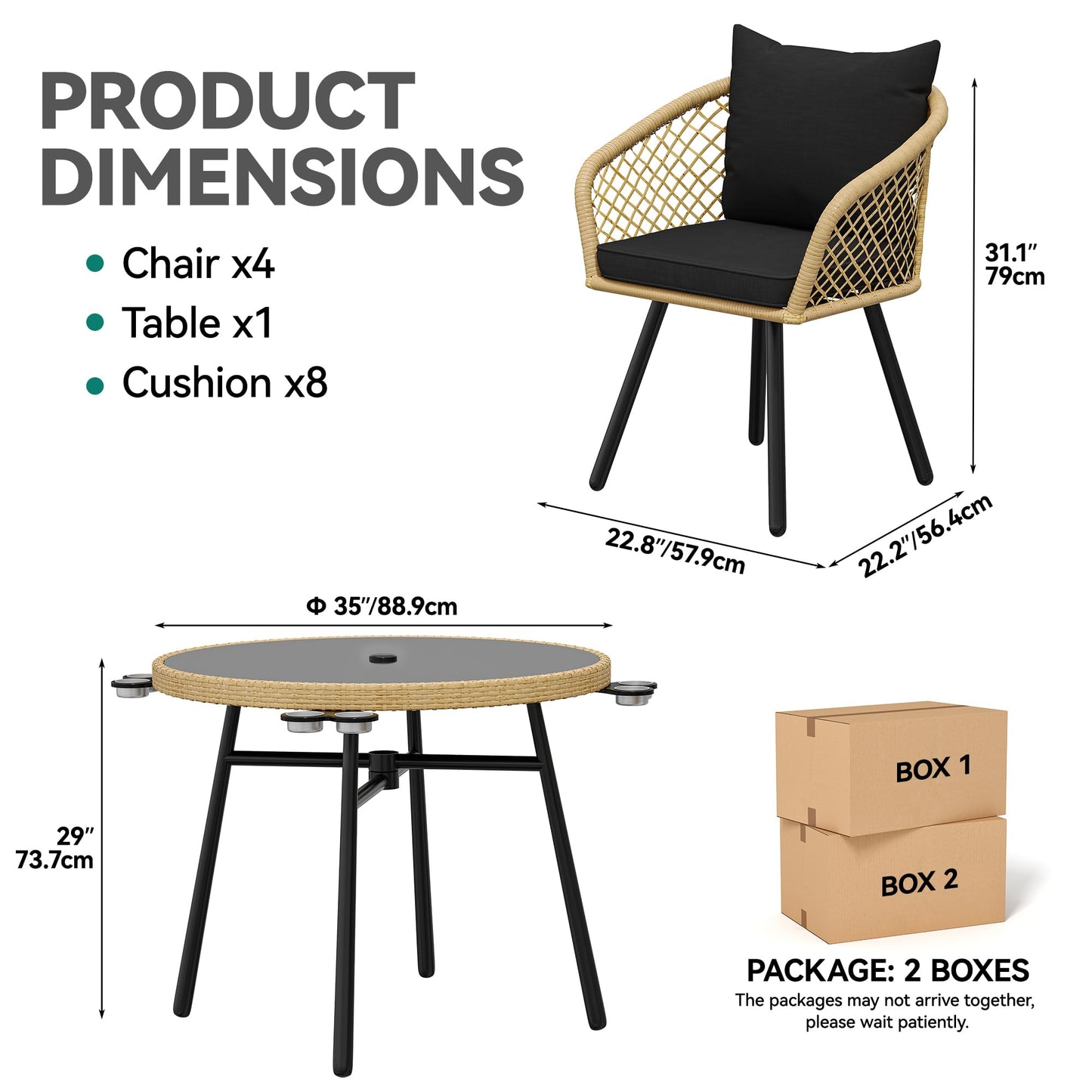 YITAHOME Outdoor Dining Set with Umbralle Hole, 5pcs Rattan Patio Dining Set for 4 with Cup Holders Soft Cushions and Glass Top Dining Table for Patio, Backyard, Garden, Bacony, Light Brown & Black