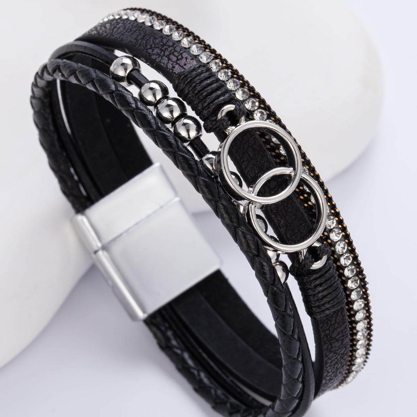 FANCY SHINY Boho Leather Wrap Bracelet Stackable Beaded Infinity Chunky Cuff Bracelets with Magnetic Clasp Western Hippie Outfits Jewelry Gifts for Women(Black)