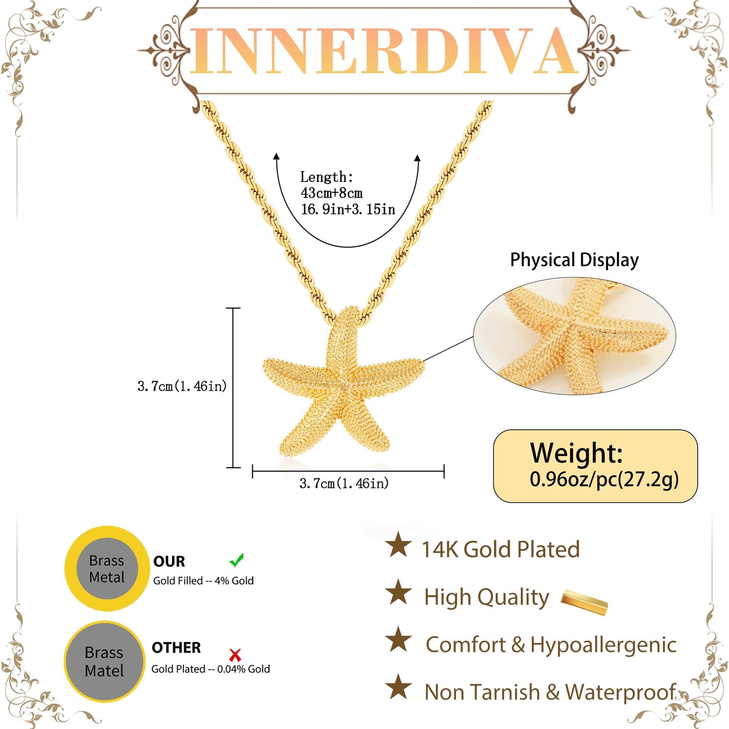 INNERDIVA Gold Starfish Pendant Necklace for Women 14k Gold Plated Summer Beach Beachy Ocean Jewelry Chunky Big Dainty Rope Chain Charm Necklaces Statement Seashell Shell Coastal Vacation Accessories