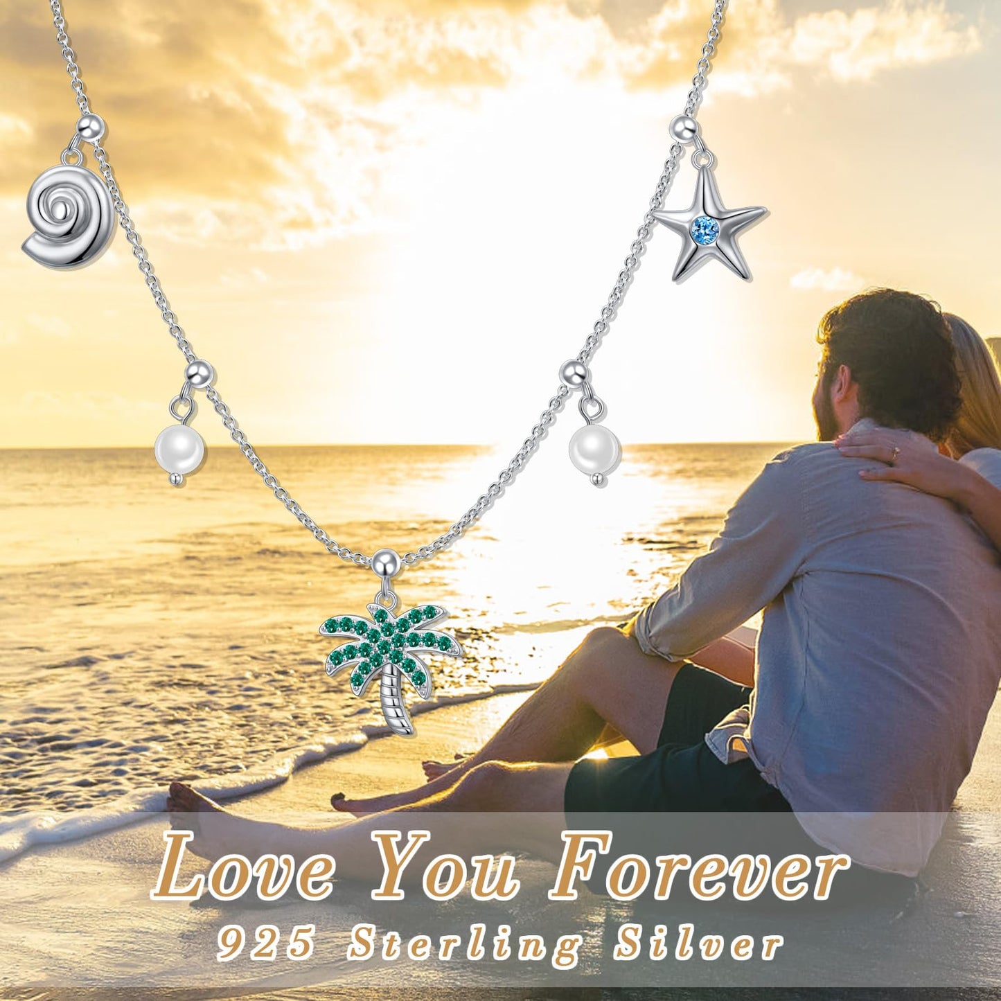 FLYOW S925 sterling Silver Summer Palm Tree Seashell conch shell Beachy Pendant Necklace Women Coastal Jewelry with Removable Charms Trendy Summer Beach Gift