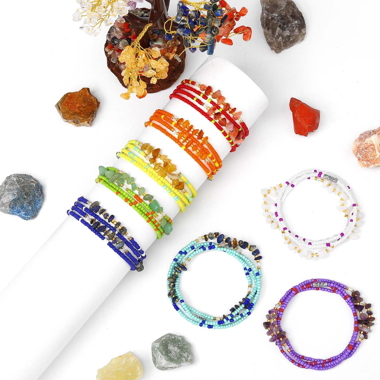ELABEST Adjustable Handmade Waist Beads Stretchy 23-52 inch 8Pcs Chakra Yoga Body Belly Beaded Women Waist, Anklet, Bracelet, Necklace Jewelry with Screw clasp (Chakra, 39.3inch/100cm)
