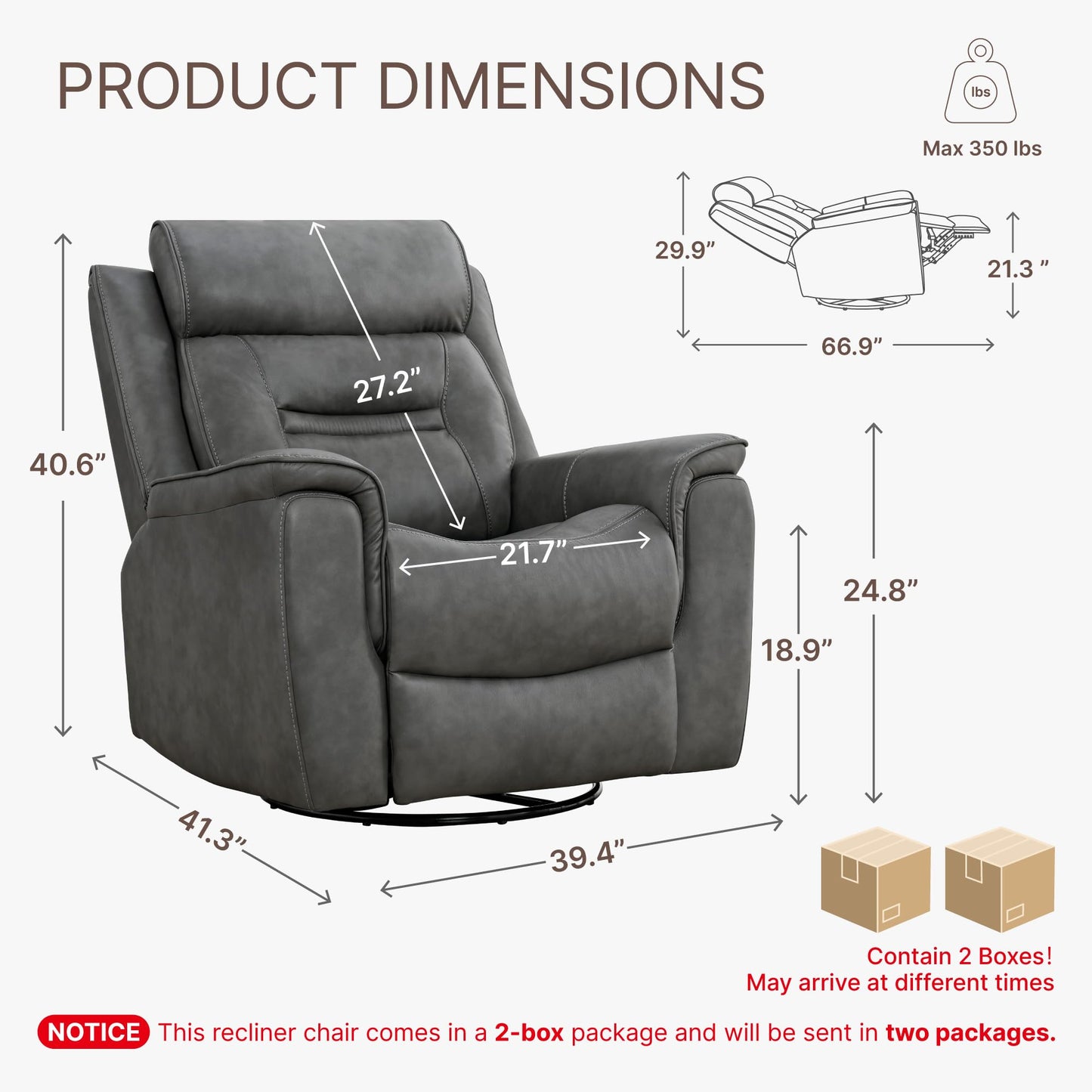 KISLOT Leather Recliner Chair, 360° Swivel Rocker for Adults Manual Rocking Reclining Chair with Adjustable Backrest Footrest for Living Room Bedroom Home Theater Seating