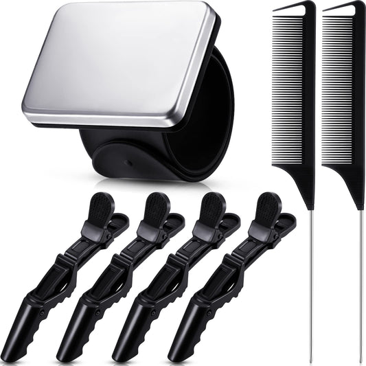 7 Pieces Hair Braiding Tools Magnetic Pin Wristband and 2 Pieces Stainless Steel Pintail Rat Tail Comb with 4 Wide Teeth Alligator Sectioning Hair Clip for Braid Tool Braid Maker(Black)