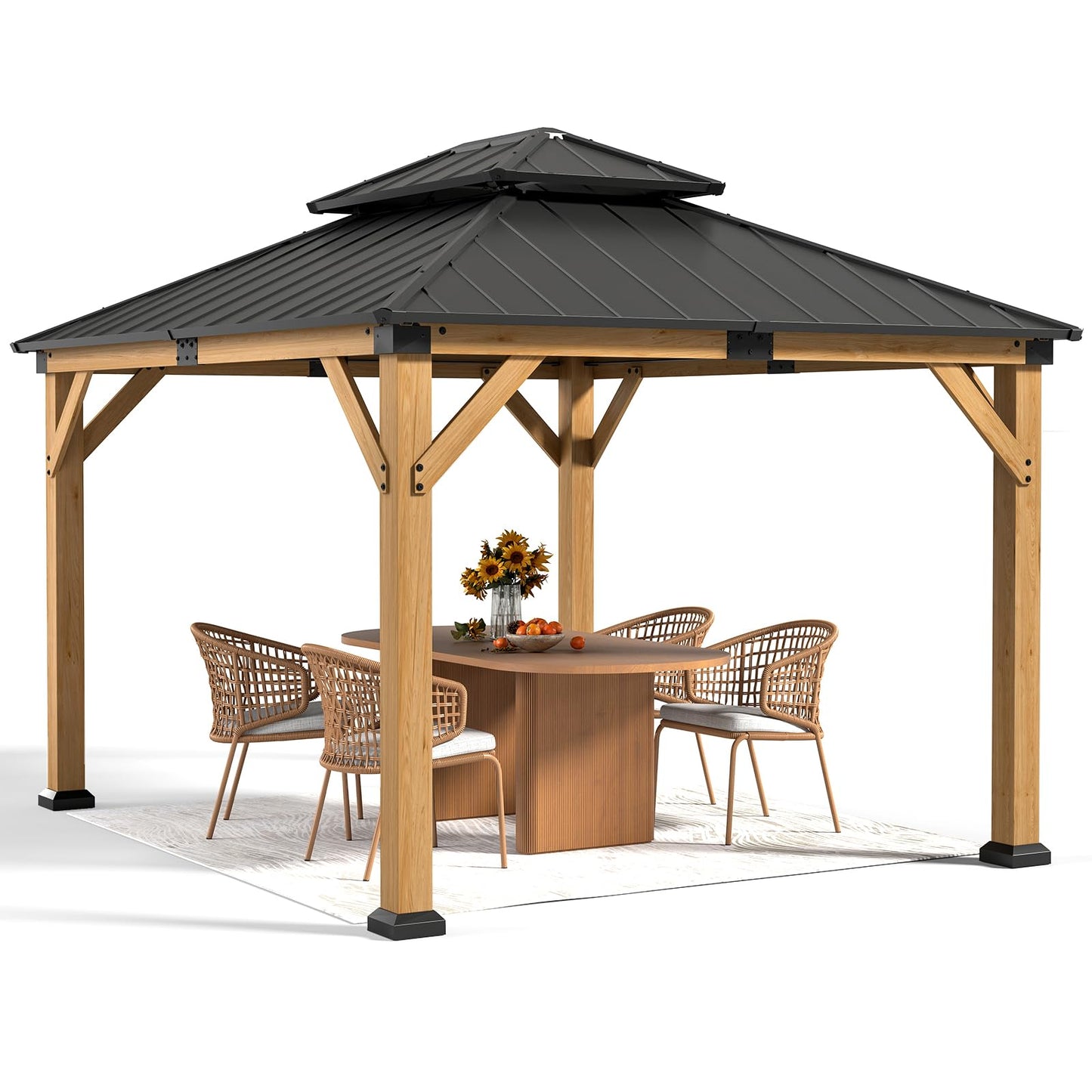 Jocoevol 10' X 12' Wood Gazebo Hardtop Outdoor Permanent Pavilion with Double Galvanized Steel Roof Snow Support, Wind Resistance for Backyard Garden, Lawns, Patio