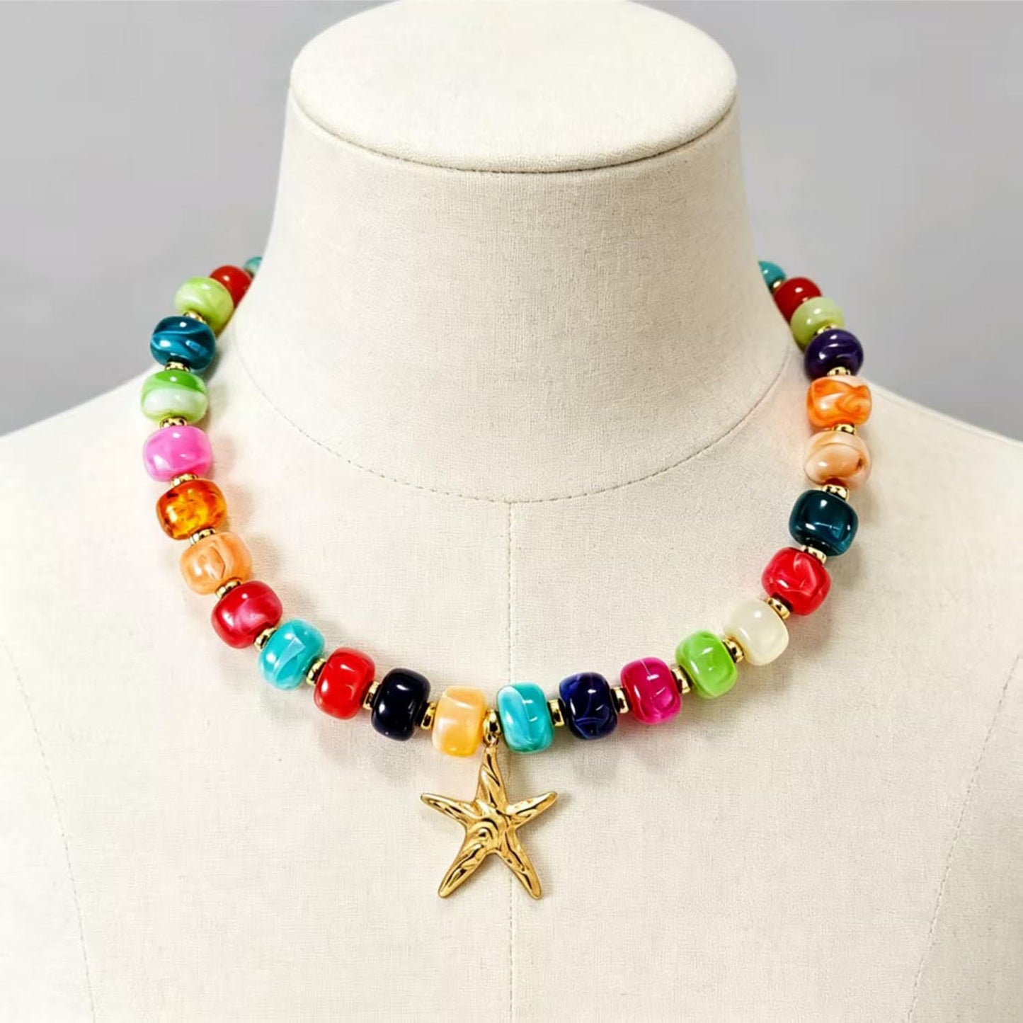 YHGDY Chunky Beaded Starfish Shell Necklace for Women Colorful Boho Bead Choker Necklace Summer Beach Necklace Trendy Chunky Jewelry Gifts (Gold Starfish)