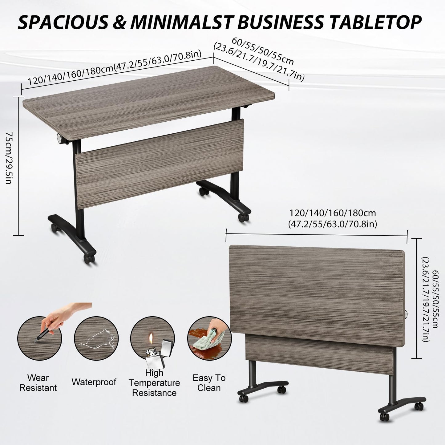 Folding Conference Room Table with Wheels, 6ft Modular Large Mobile Modern Conference Tables Office Meeting Training Table for Classroom(8, Gray, D 55")
