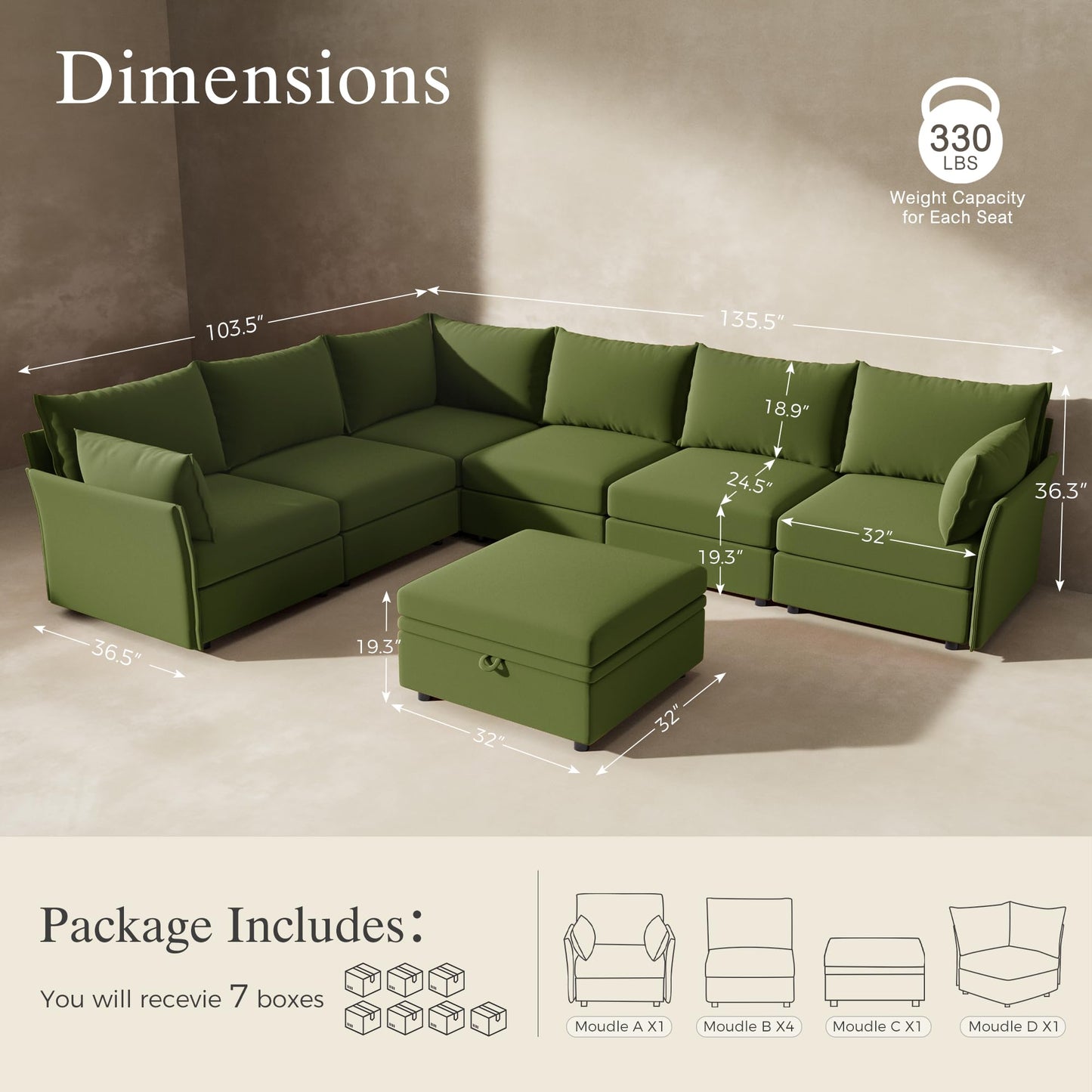 ABCASA 135.5" Velvet Modular Sectional Couch with Storage Ottoman, L-Shaped Sofa, 7-Seater Cloud Sectional with Removable Covers, Green