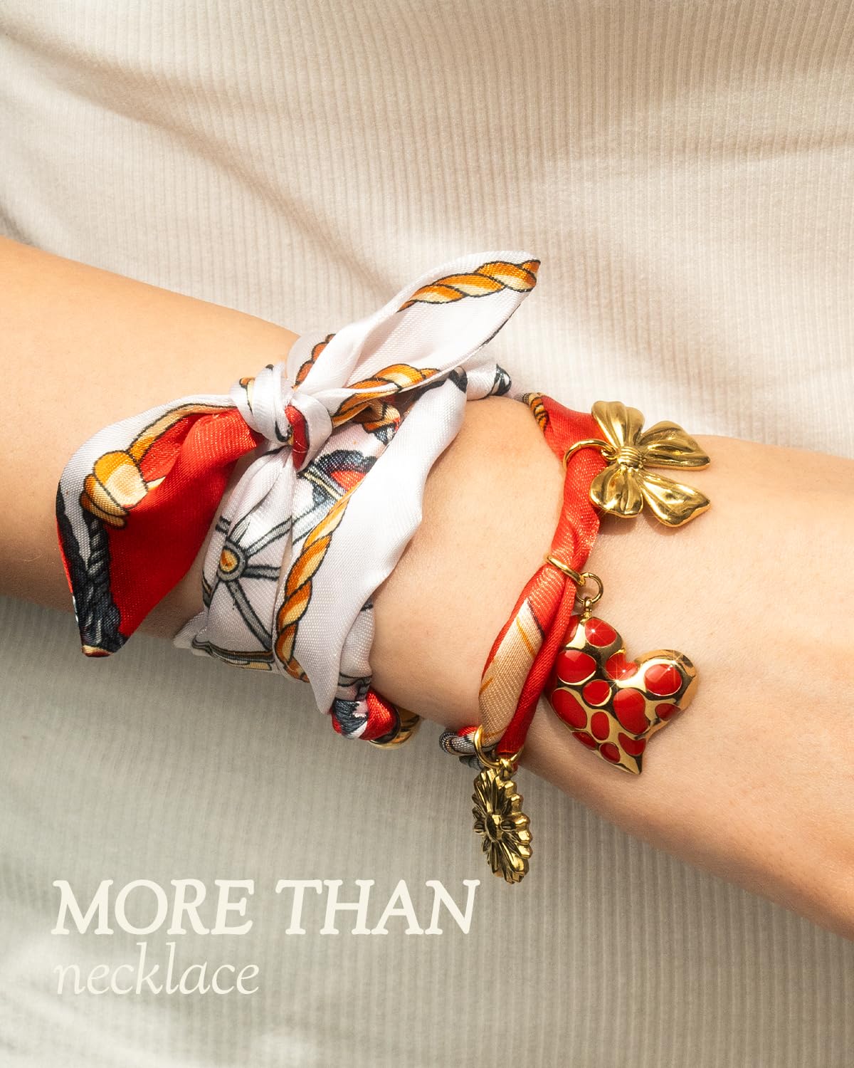 DoDoBeads Scarf Charm Necklace – Vintage Love – Red Enamel Heart & Bow Charm Necklace with Gold-Tone Stainless Steel Accents