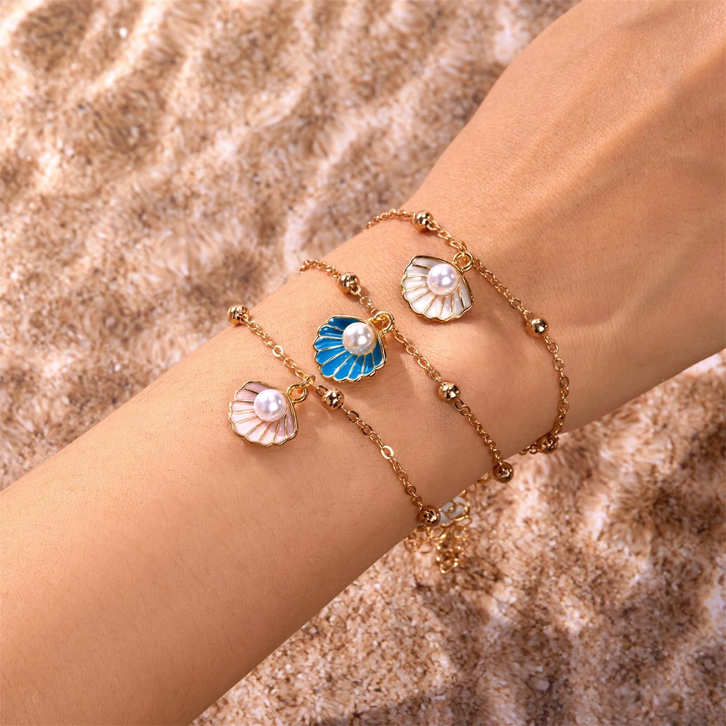 Seashell Pearl Bracelets Set Gold Plated Layered Boho Enamel Pink Sea Shell Starfish Mermaid Conch White Pearls Charm Ankle Bracelet for Women Summer Hawaiian Beach Vacation Fashion Jewelry (3pcs bracelets)