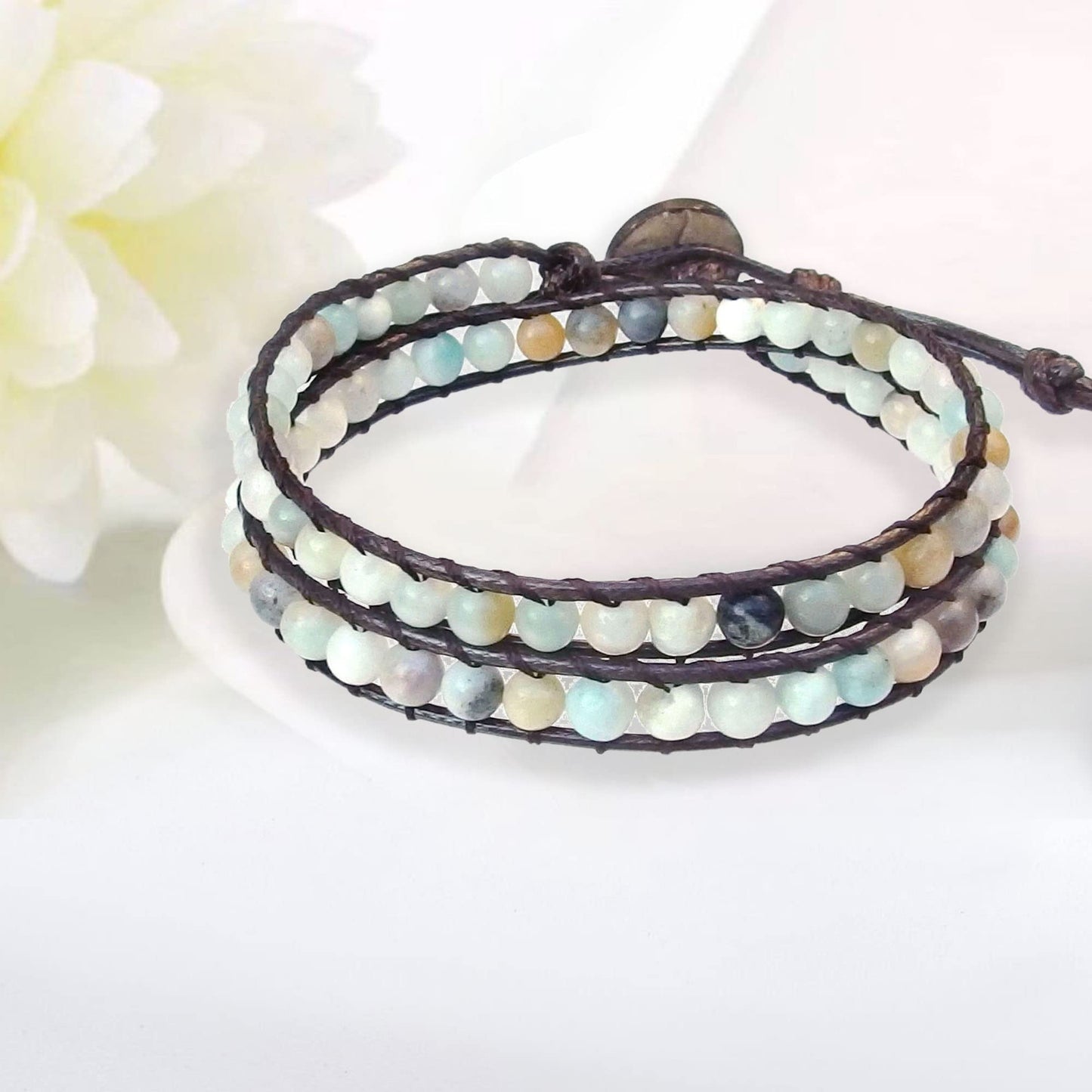 Ayriwoyi Blue Amazonite Bracelet Wrap Bracelets for Women Natural Beaded Stone Leather Wrap Bracelets for Women Bohemian Bracelet