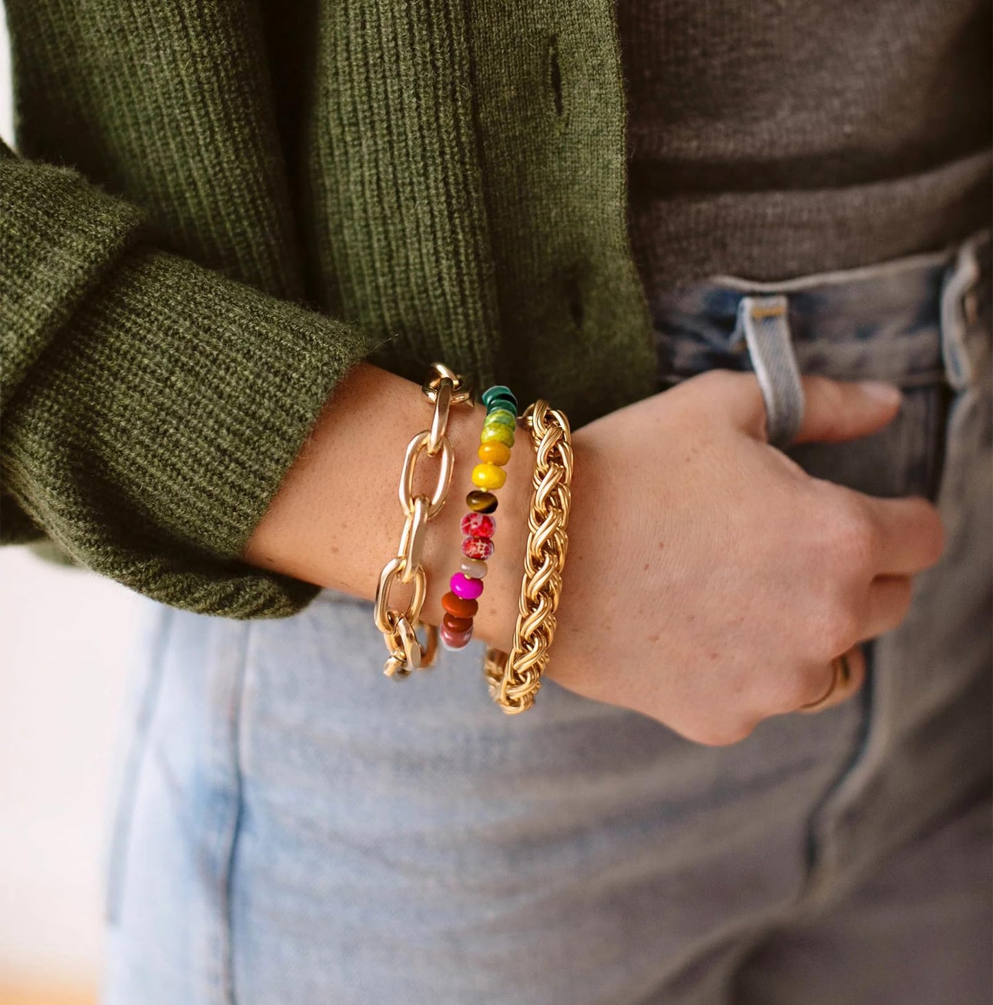 Jojomina Boho Beaded Bracelets for Women Neon Rainbow Bead Bracelet Handmade Natural Gemstone Stone Beach Jewelry