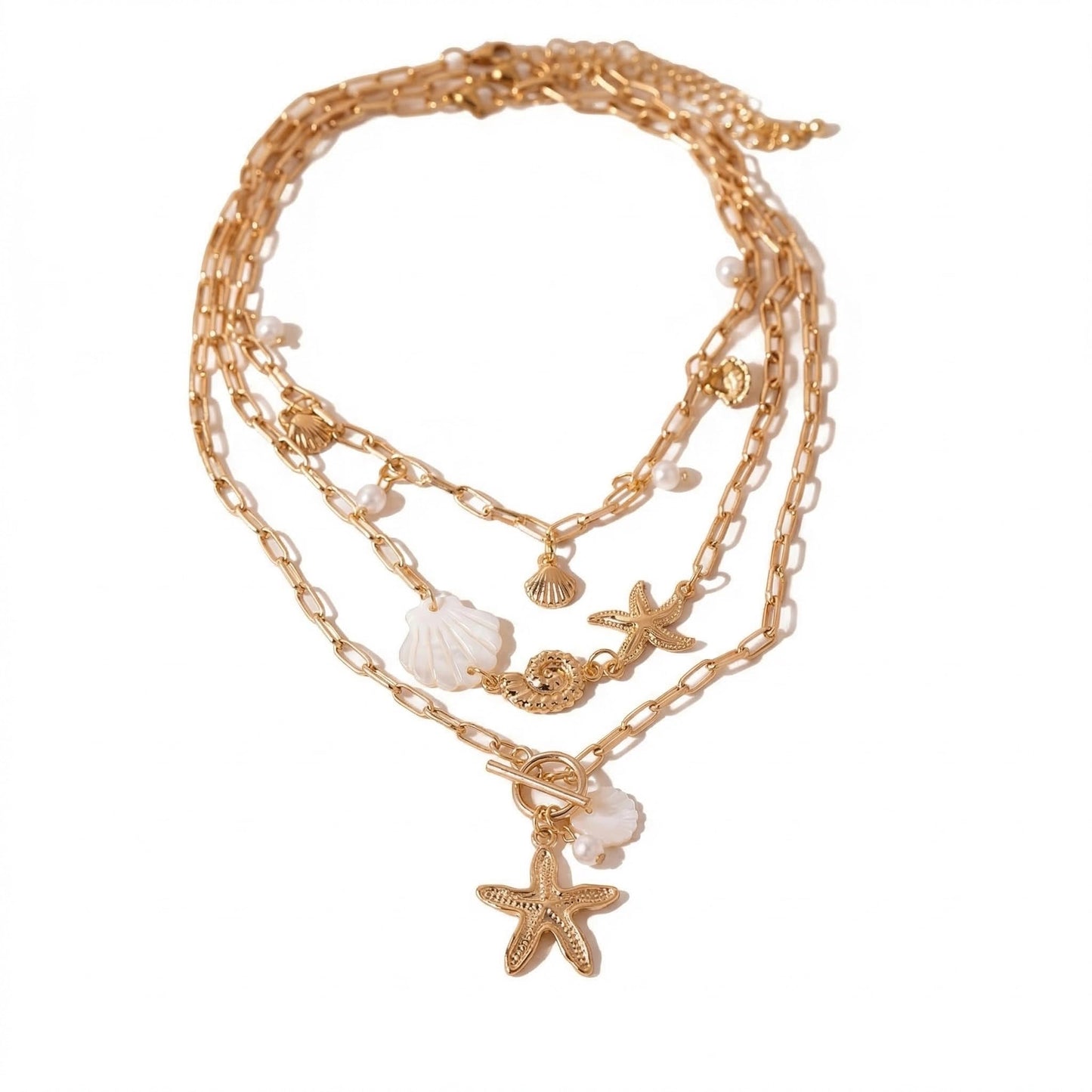 ANDKISS Shell Necklace Gold Layered Starfish Pendant Shell Choker Necklace for Women Pearl Beach Vacation Necklaces Summer Beach Jewelry