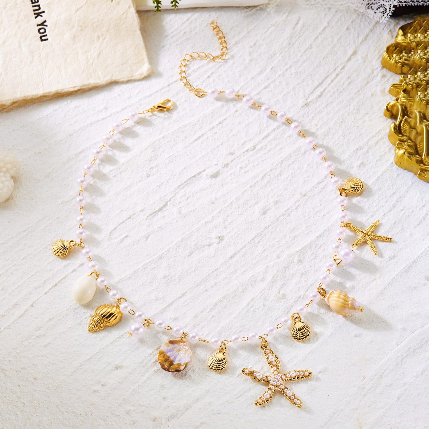 Shell Starfish Necklace for Women Gold Plated Pendant Pearl Necklace Boho Beaded Dainty Adjustable Necklaces Shell Conch Summer Beach Cuff Jewelry Accessories