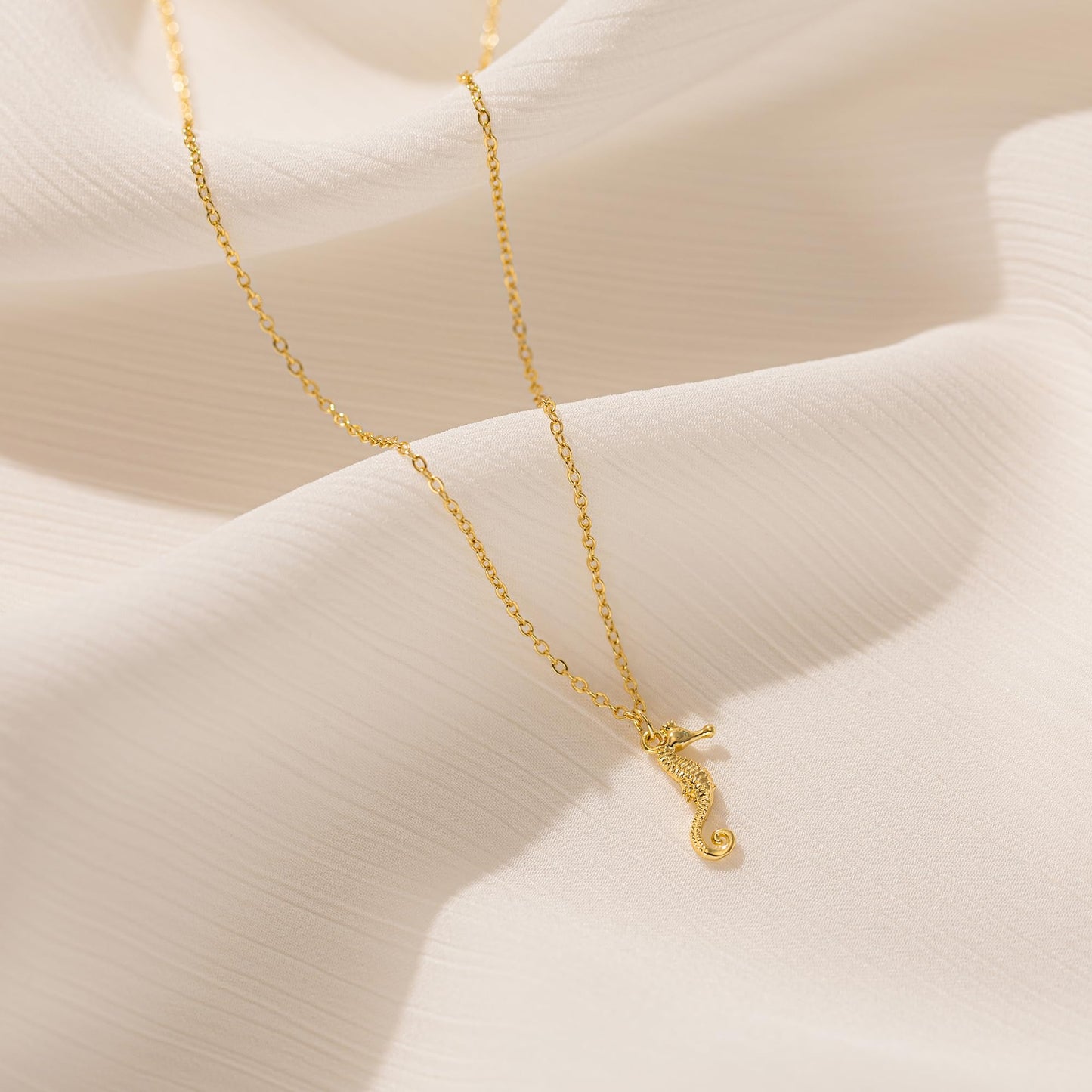 BSGRL Dainty Gold Necklace: 14K Gold Plated Seahorse Sea Beach Necklace for Women 16.5"+2"