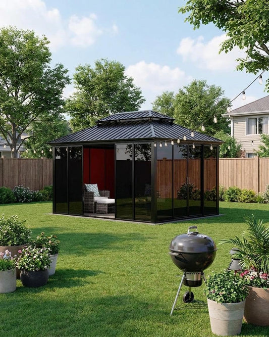 10x14ft Heavy Duty Outdoor Pavilion with Metal Frame, Permanent Solarium Sunroom Kit with PC Windows, Fully Sealed Screen Houses for Backyard, for Patio Winter Garden
