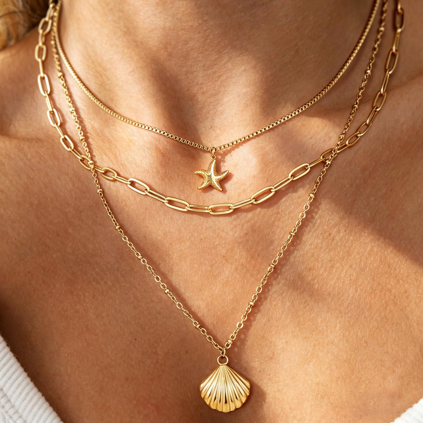 Shell Necklace for Women, 14k Gold Layered Starfish SeaShell Pendant Charm Necklace,Dainty Non Tarnish Waterproof Adjustable Silver Choker Paperclip Necklaces Stack Jewelry for Summer Beach Vacation (Gold)