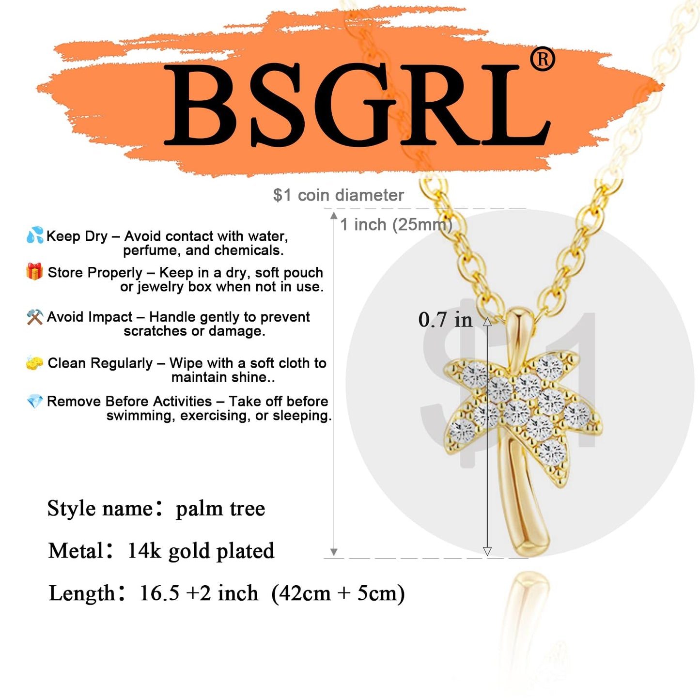 BSGRL Gold Necklace: 14K Gold Plated Dainty Palm Tree Sumer Beach Necklace for Women Paved Cubic Zirconia 16.5”+2” ext