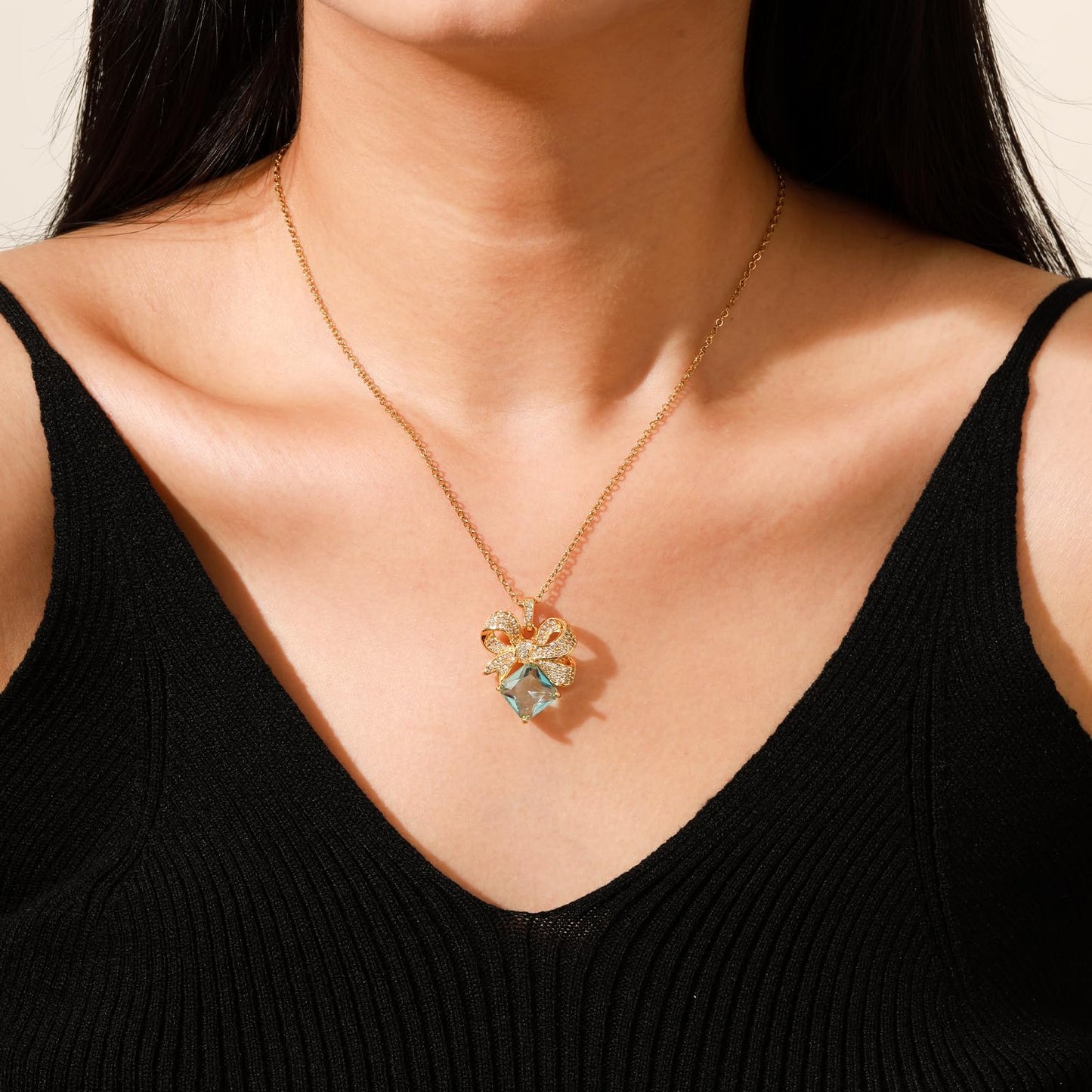 Square June Birthstone Bow Moonstone Necklace for Women-Gold Plated Moonstone Pendant Waterproof Non Tarnish Healing Crystal Vintage Necklace For Birthday Valentines Day Mother's Day Christmas Thanksgiving Gifts