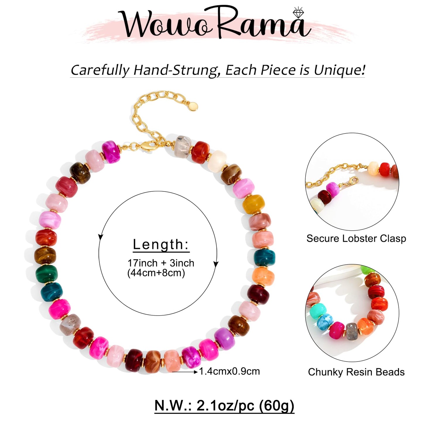 WOWORAMA Colorful Beaded Necklaces for Women Multicolor Acrylic Resin Beads Choker Necklace Trendy Statement Chunky Necklace Boho Summer Holiday Jewelry