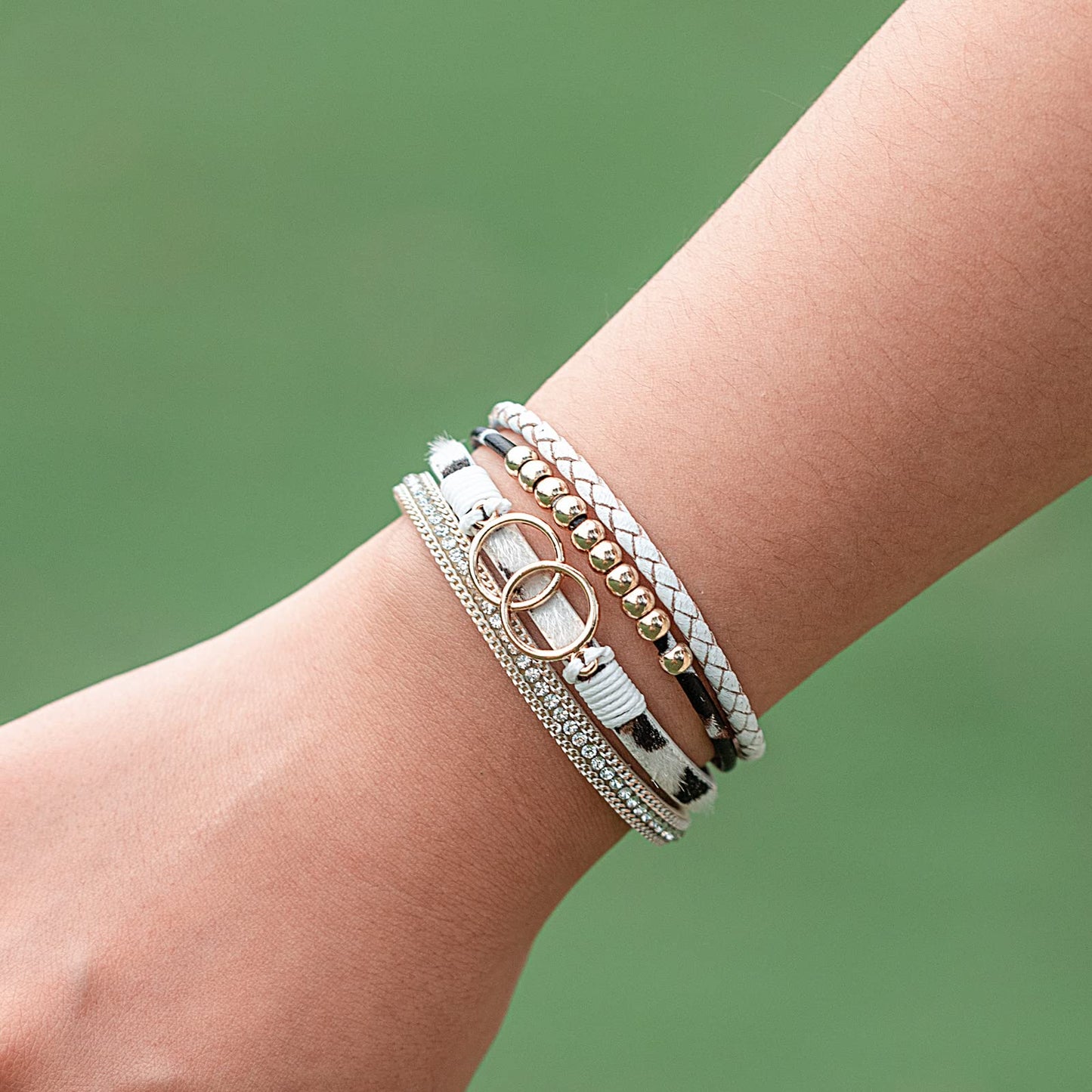 FANCY SHINY Boho Leather Wrap Bracelet Stackable Beaded Infinity Chunky Cuff Bracelets with Magnetic Clasp Western Hippie Outfits Jewelry Gifts for Women(White Leopard)