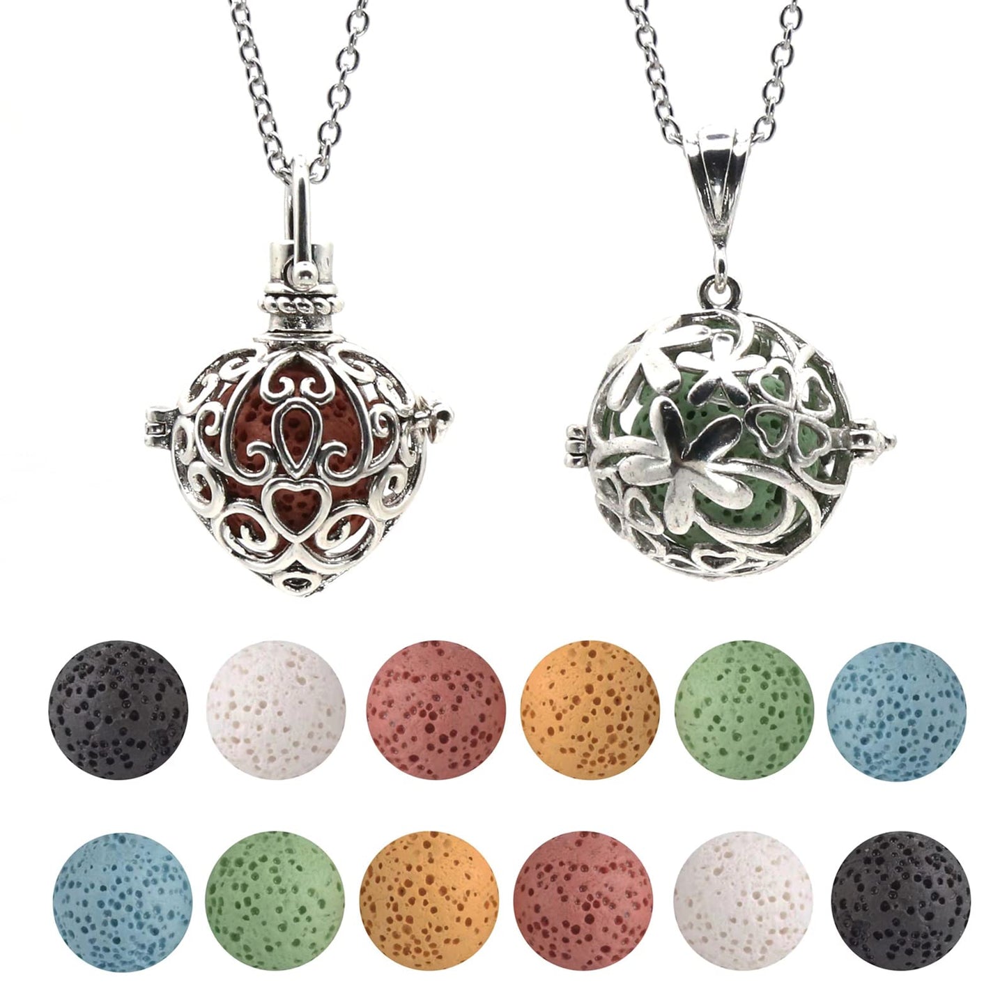 HEDQFM 2PCS Aromatherapy Essential Oil Diffuser Necklace Love Heart and Hollow Ball Locket Pendant Necklace with Lava Bead Stone for Women