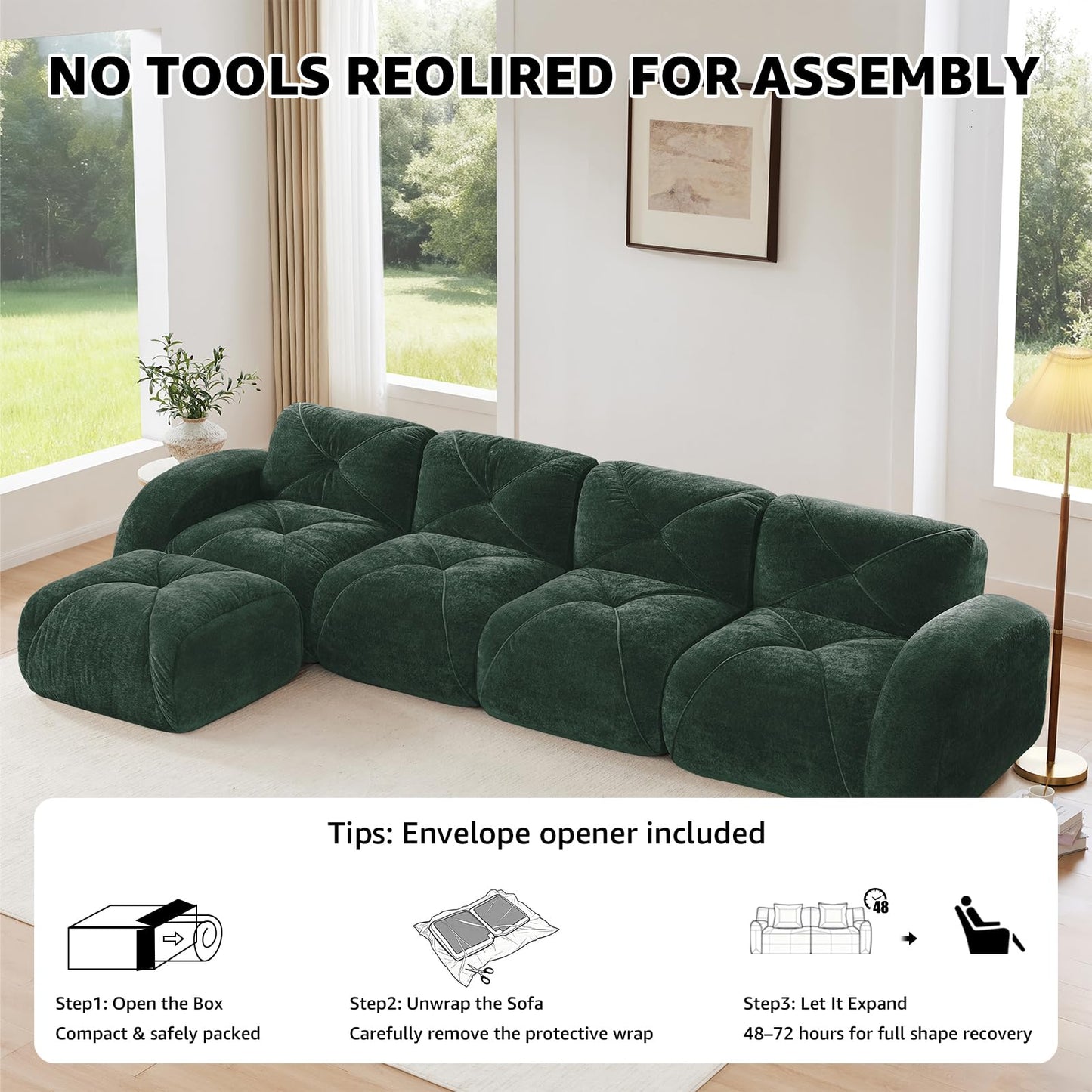 Green L-Shaped Sectional Couches for Living Room, Velvet Fabric Boneless Couch, No Assembly Cloud Modular Sectional Sofa with 1 Ottoman, Foam Couch Compressed Sofa Set for Apartment, Sofas para Sala